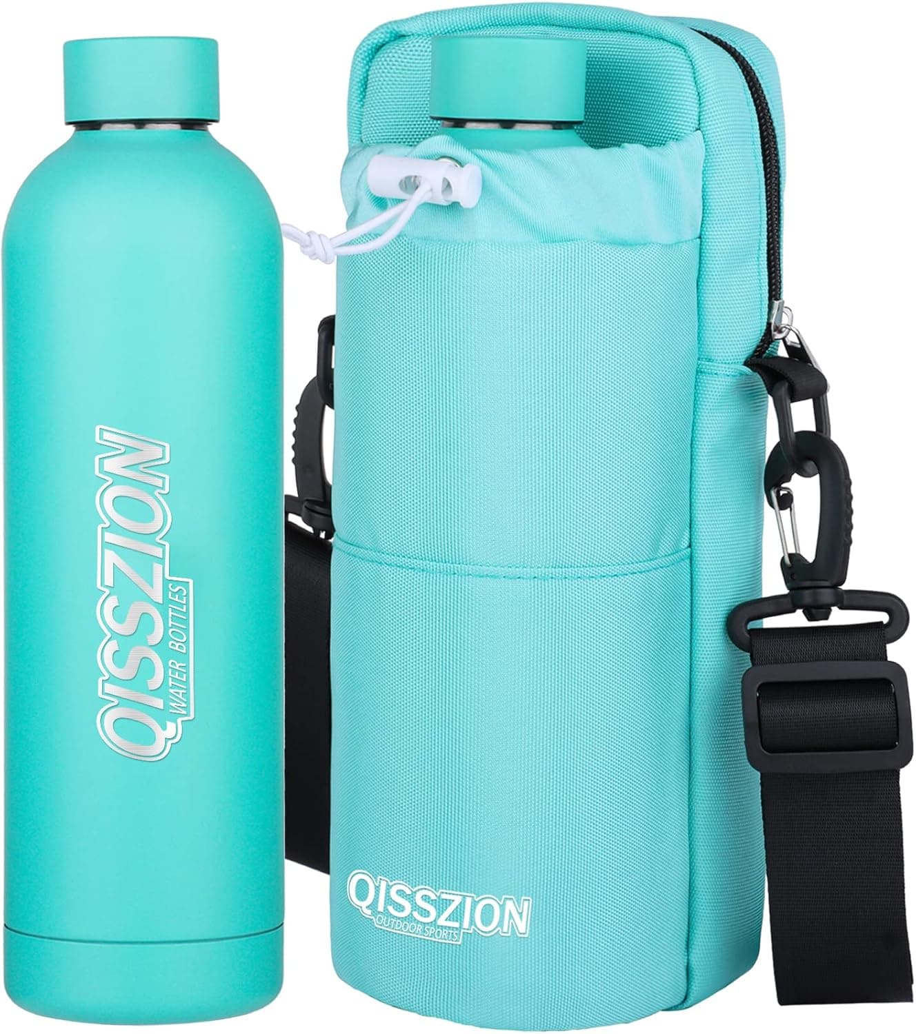 QISSZION Water Bottles Holder for Outdoor with A Insulated Stainless Steel Water Bottles (25OZ/750ML); Hands Free Drinking Water Bottle for Men or Boys; Storage Sleeve with Phone Holder S1