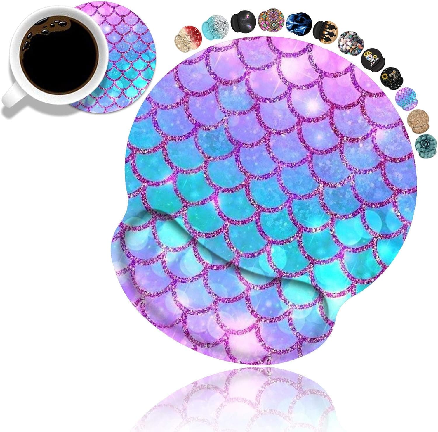 BWOOLL Ergonomic Mouse Pad Wrist Support and Coasters Set, Cute Wrist Rest Pad with Non-Slip PU Base for Home Office Working Studying Easy Typing & Pain Relief, Glitter Fish Scales