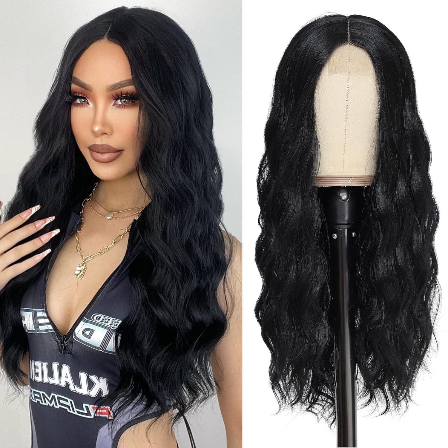 JSDshine Long Blcak Wavy Wigs for Women Middle Part 26 inch Natural Curly Synthetic Wig Heat Resistant Fiber Wigs for Daily Party Use