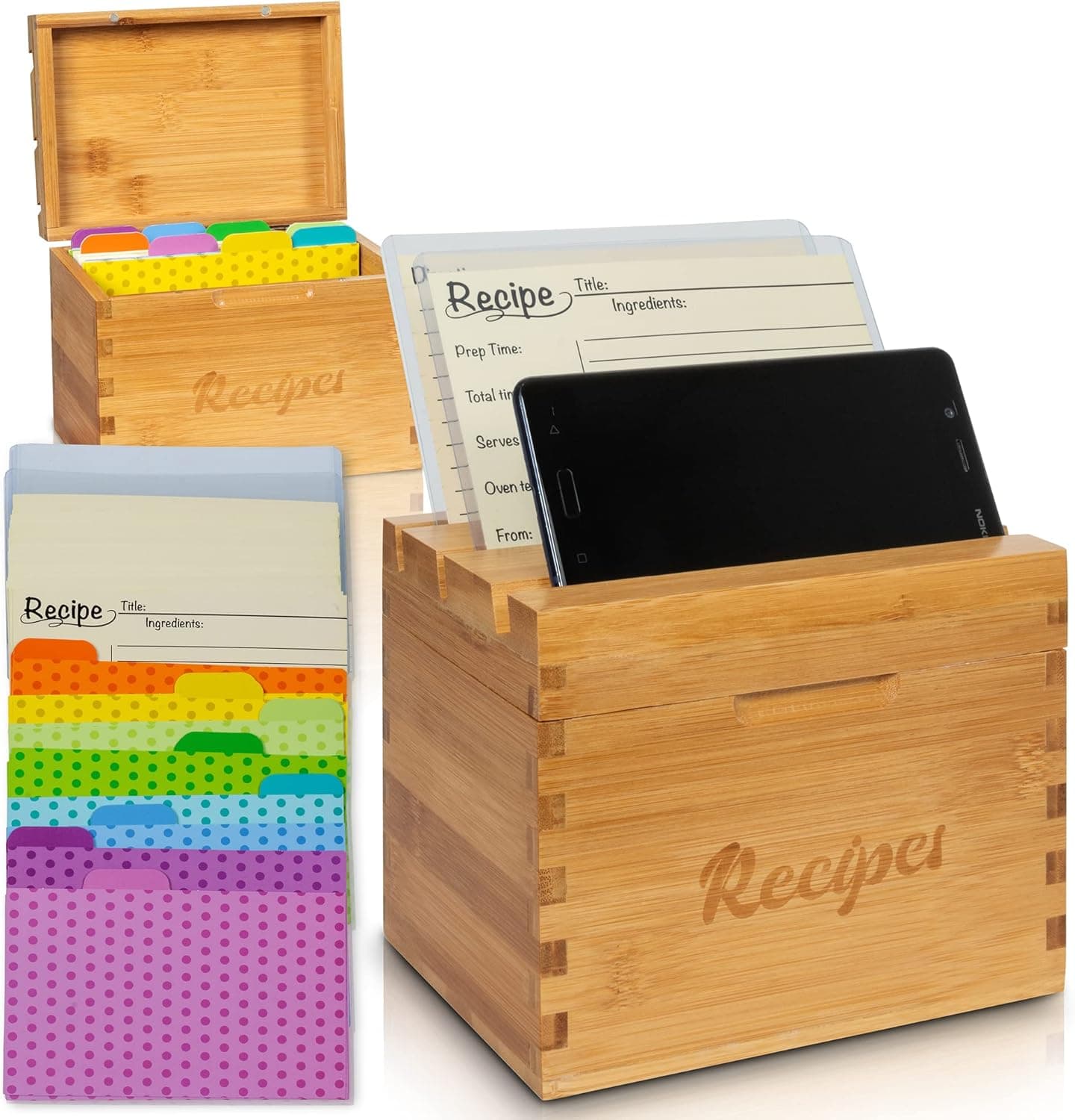 Glitz & Things 4x6 Bamboo Wood Recipe Box With 16 Dividers, 70 Recipe Cards, and 2 Protective Sleeves. Holds Phone or Tablet And 2 Recipe Cards On The Lid For Ease Of Use. Great Mothers Day Gift.
