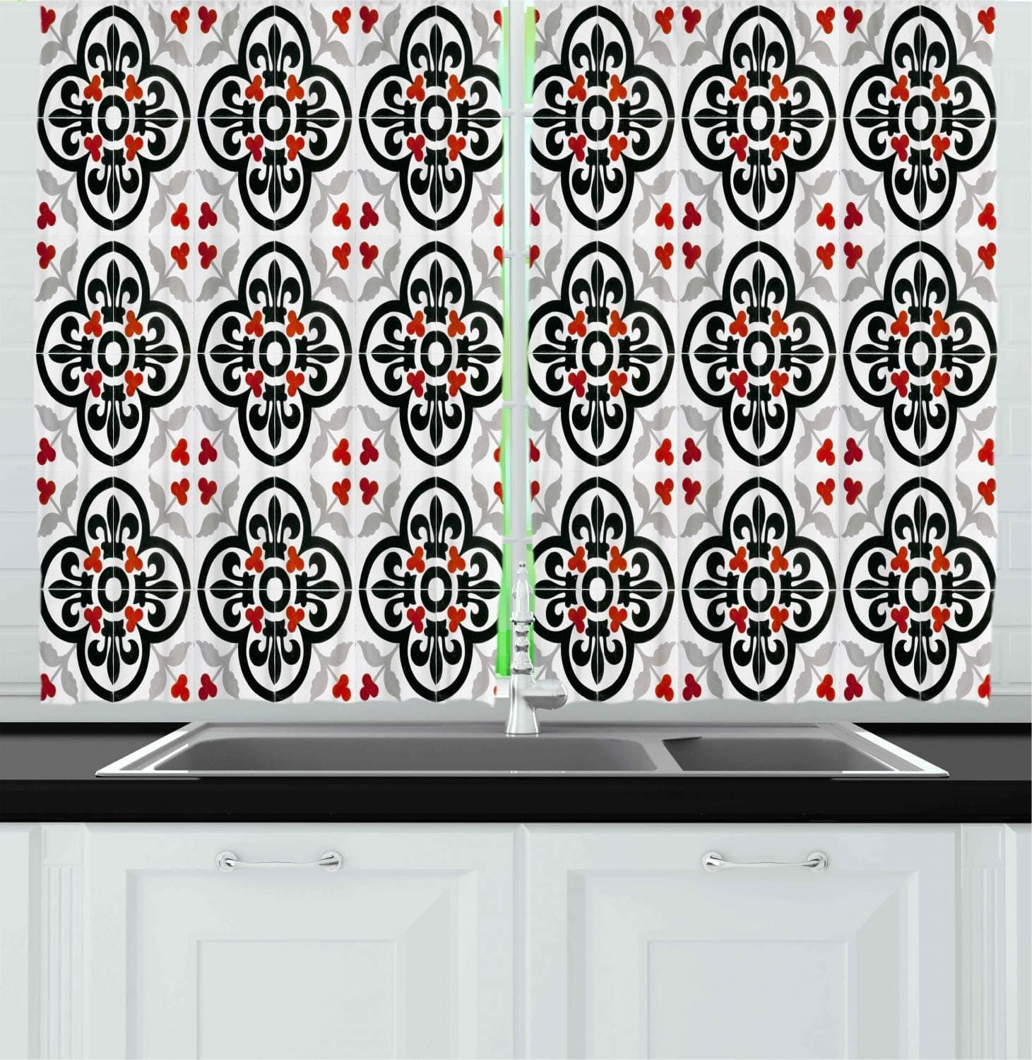 Ambesonne Folk Kitchen Curtains, Ceramic Tile Design Folkloric Pattern Abstract Background Traditional, Window Drapes 2 Panel Set for Kitchen Cafe Decor, 55" X 39", Black Grey
