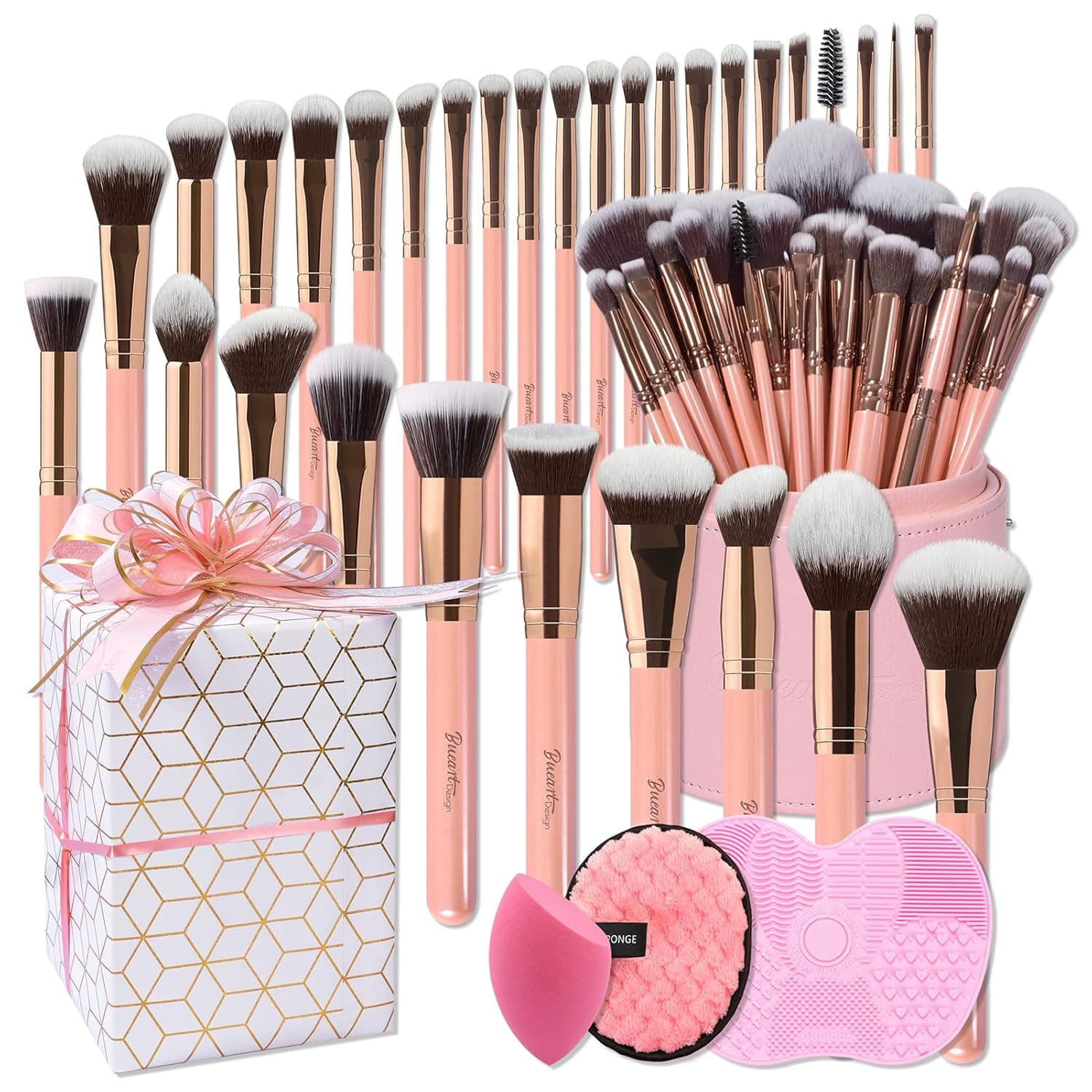 Bueart Design Best GIFT Luxury 30Pcs Professional Pearl Pink Deluxe Makeup Brushes set with Super Extra large Brush holder case Foundation Face Blending Blush Concealers brush sets for makeup