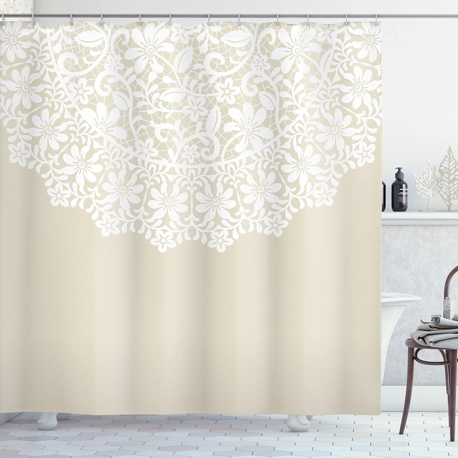 Lunarable Cream Shower Curtain, Mandala Inspired Round Motif in Half Ornamental Flowers Graphic Lace Border Print, Cloth Fabric Bathroom Decor Set with Hooks, 69" W x 75" L, White Tan