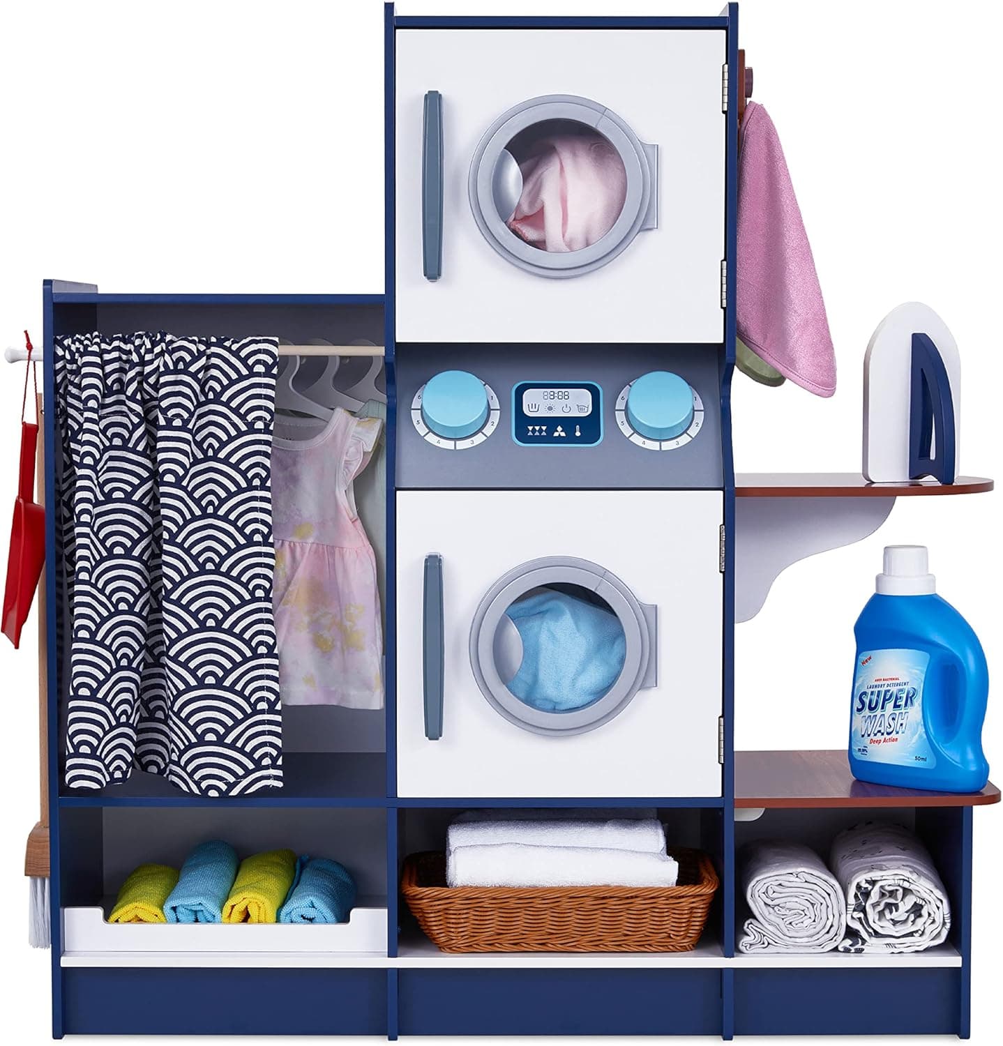 Lil’ Jumbl Kids Washer and Dryer Playset, Wooden Children's Pretend Laundry Set, Includes Broom, Dustpan, Iron, Hangers & Basket, Realistic Laundry Room for Kids
