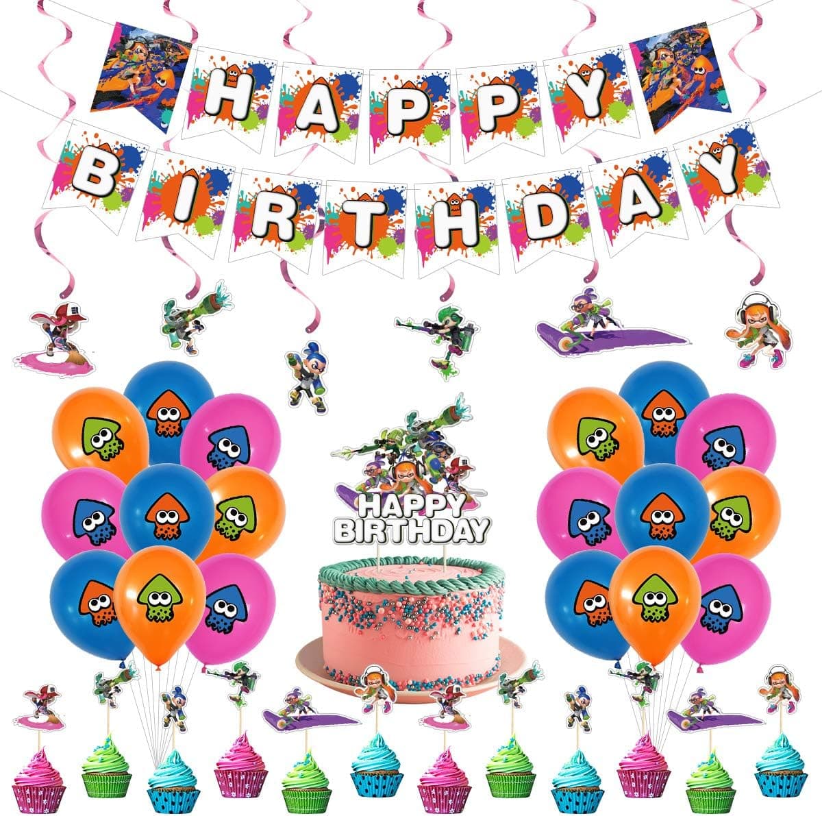 Splatoon Birthday Party Supplies, Splatoon theme Party Banner balloon cake topper spiral Decoration