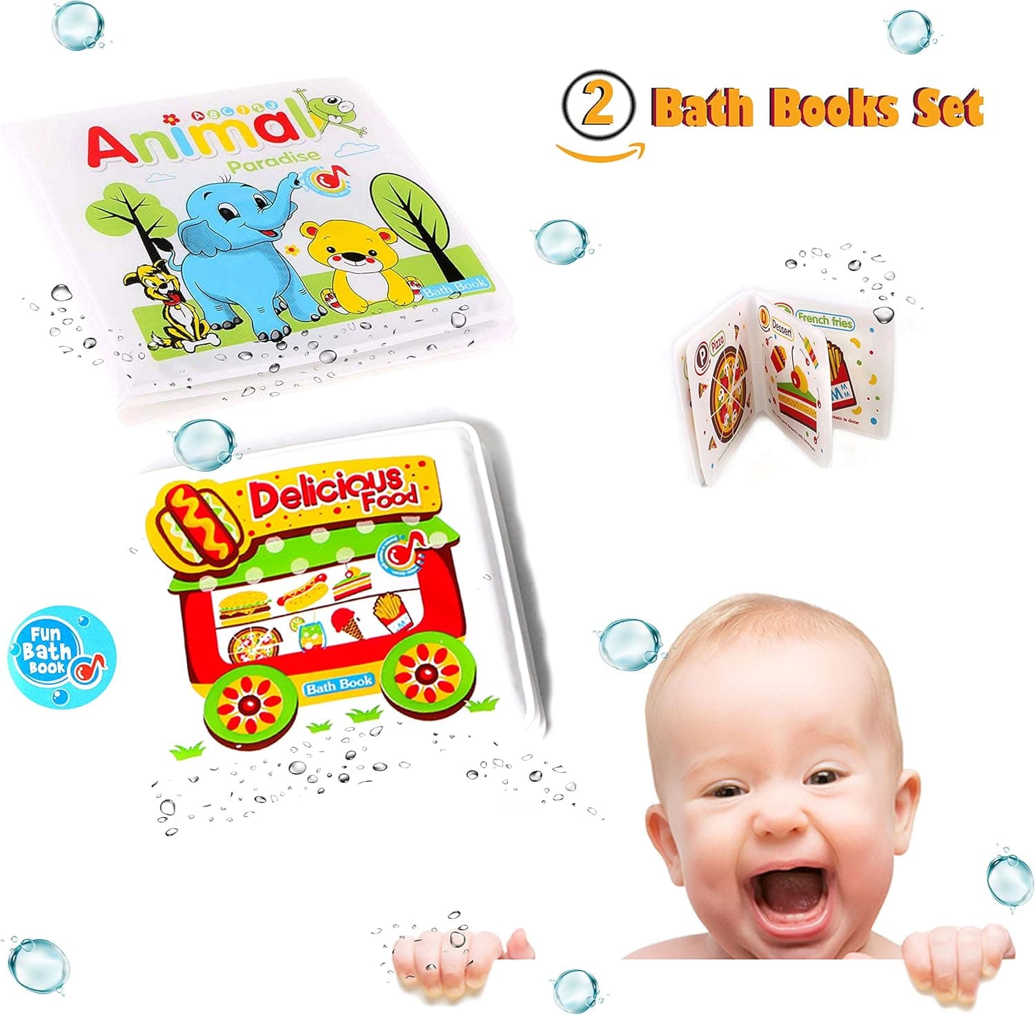 Elephant Floating Baby Bath Books,Waterproof Bath Toys for Babies,Toddlers,Soft Waterproof Books Baby Learning and Sound Bath Time Toys for infants,kids, Boys and Girls (Set of 2: Animals &Food Books)