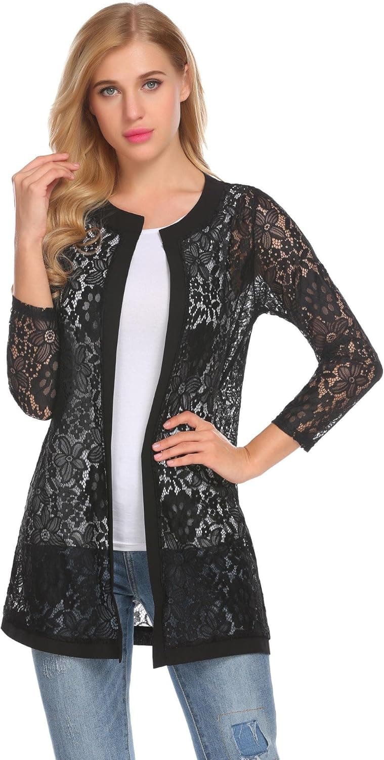 Dethler Women Long Sleeve Lace Crochet Open Front Slim Fit Cardigan Tops