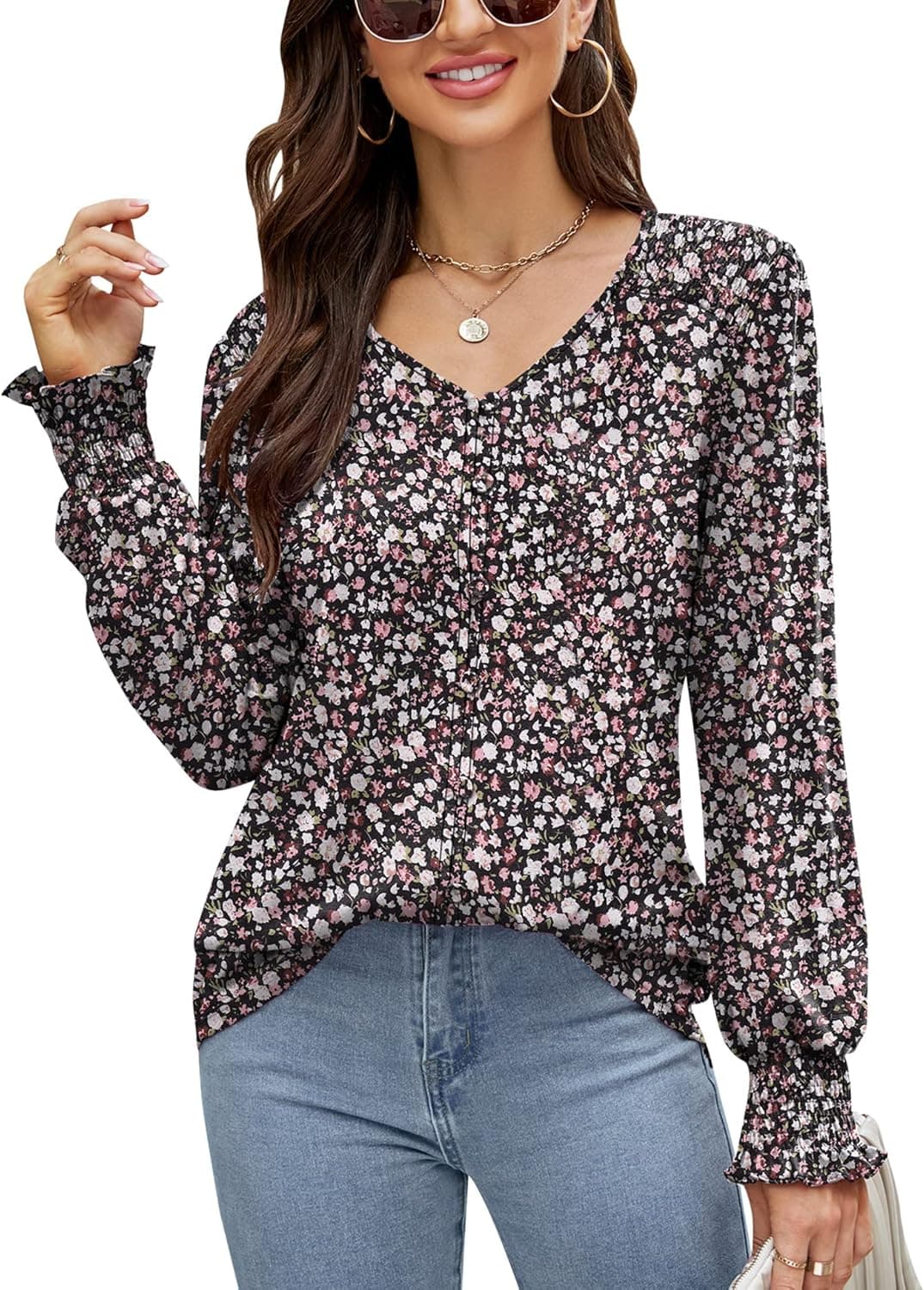 Micoson Women's Button Down Shirt Casual V Neck Long Sleeve Tops Fall Pleated Blouses with Smocked Cuff