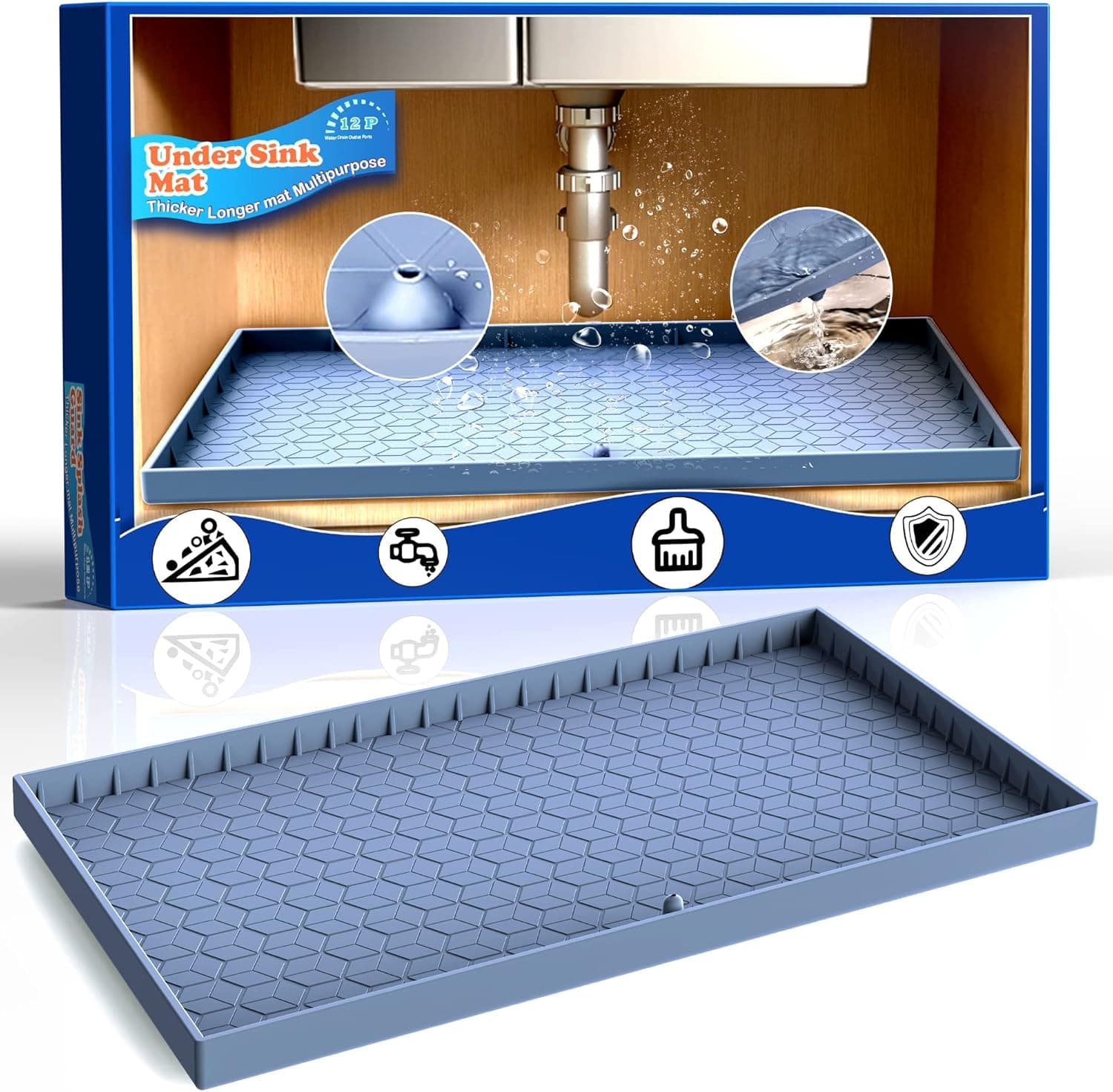 Under Sink Mat, 34" x 22" Sink Cabinet Protector, Waterproof & Flexible Silicone Under Sink Liner Drip Tray with Unique Drain Hole for Kitchen Bathroom, Hold 3.3 Gallons Liquid