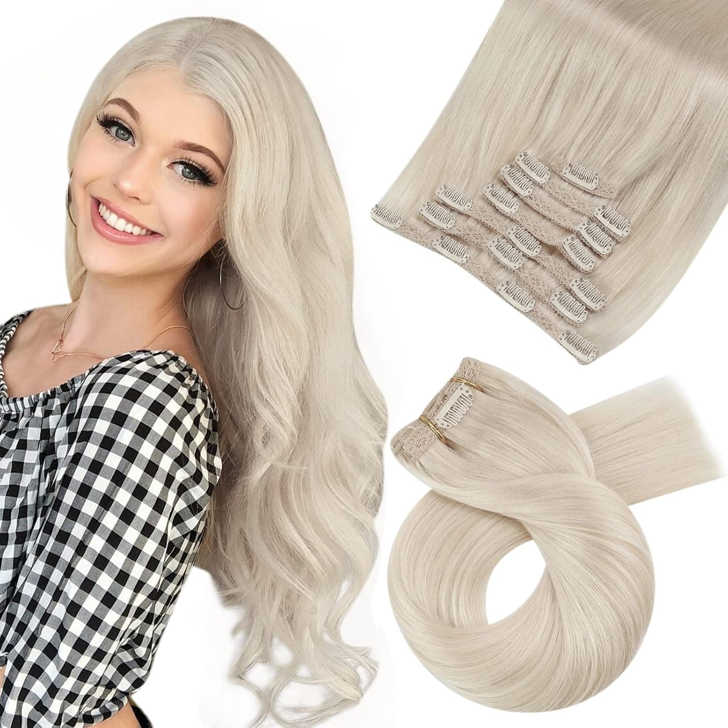 Moresoo Platinum Blonde Hair Extensions Clip in Real Human Hair Clip in Extensions Blonde Hair Clip ins Full Head Double Weft Clip Extensions Platinum #60 7Pieces/120Grams 24inch Long Hair Extensions