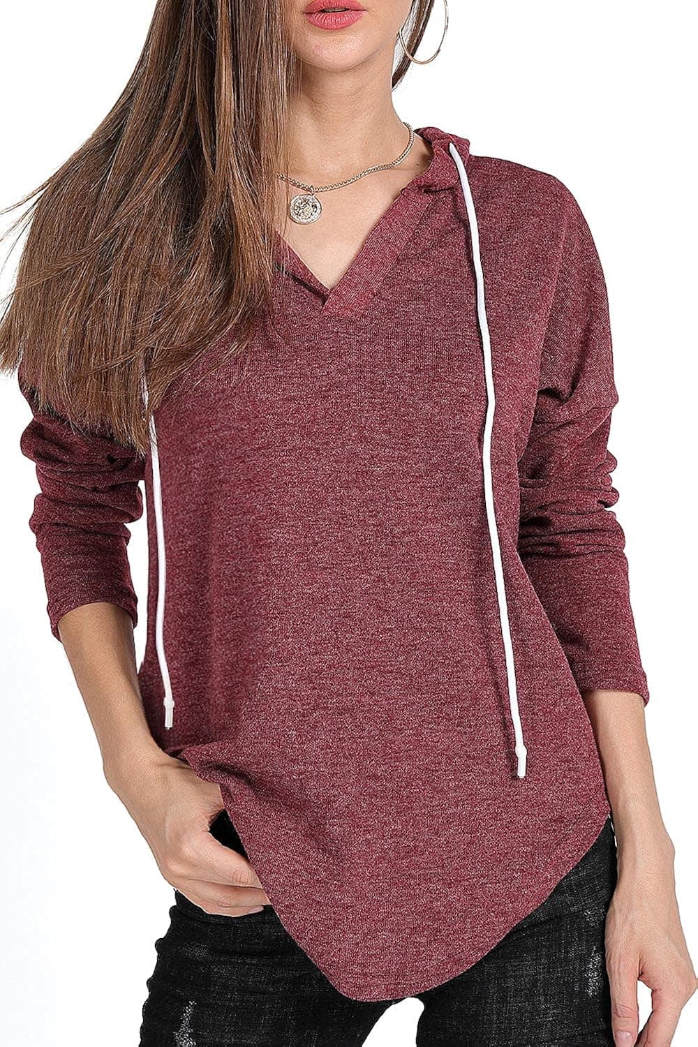 MAGICMK Womens Long Sleeves Drawstring Hoodie Solid Color Pullover Deep V Neck Sweatshirt Casual Loose Tops Blouses