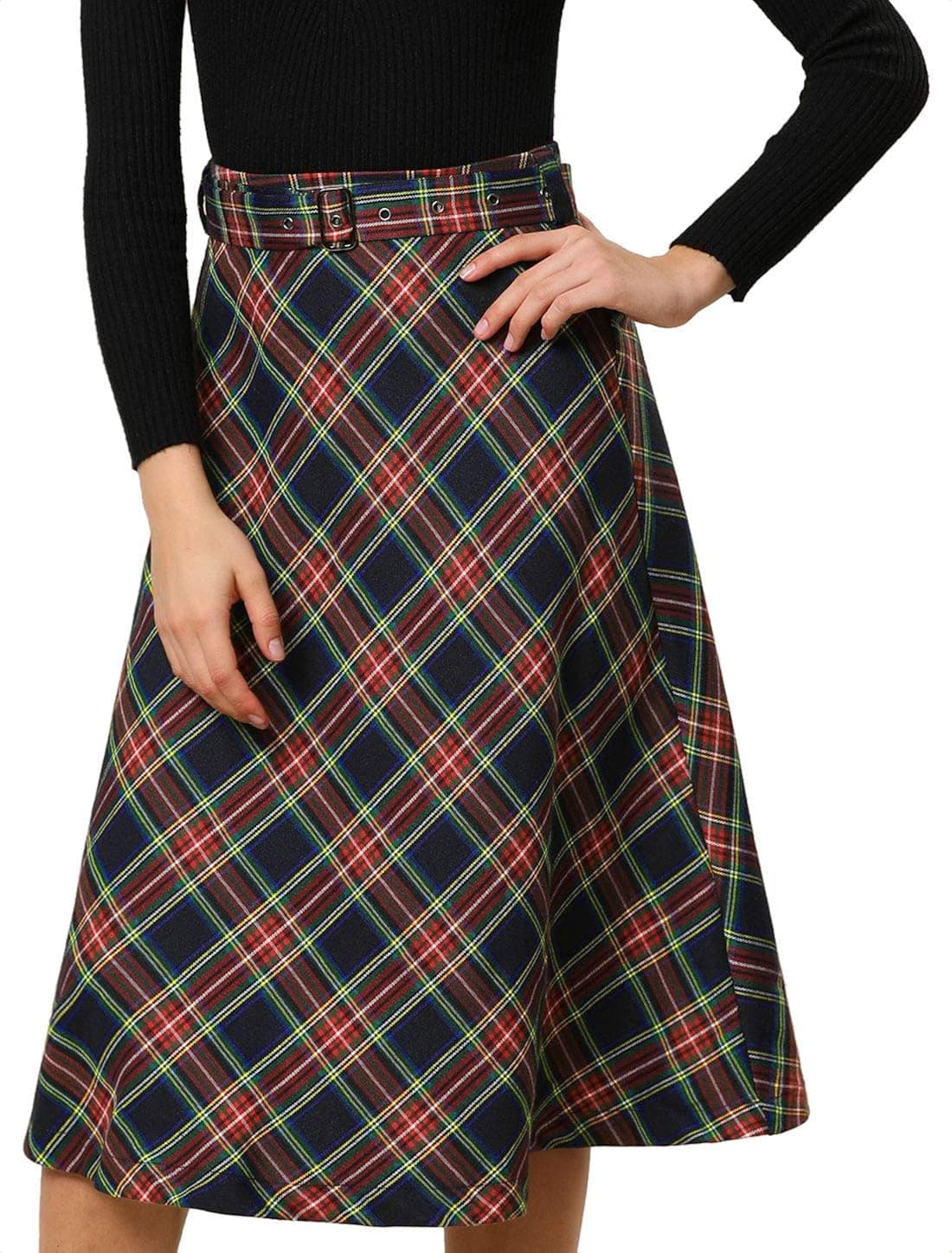 Allegra K Women's Tartan Plaid High Waist Belted Vintage A-Line Midi Skirt