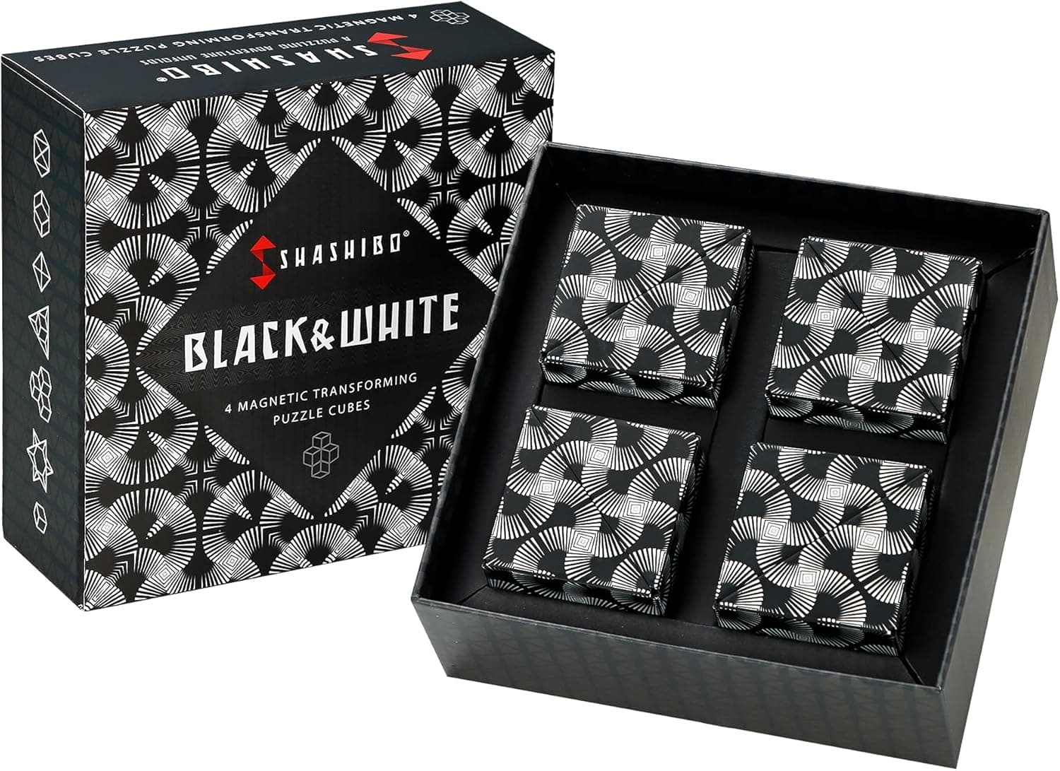 SHASHIBO Shape Shifting Box - Award-Winning, Patented Fidget Cube w/ 36 Rare Earth Magnets - Transforms Into Over 70 Shapes, Gift Box, Download Fun in Motion Toys Mobile App (Black & White, 4 Pack)