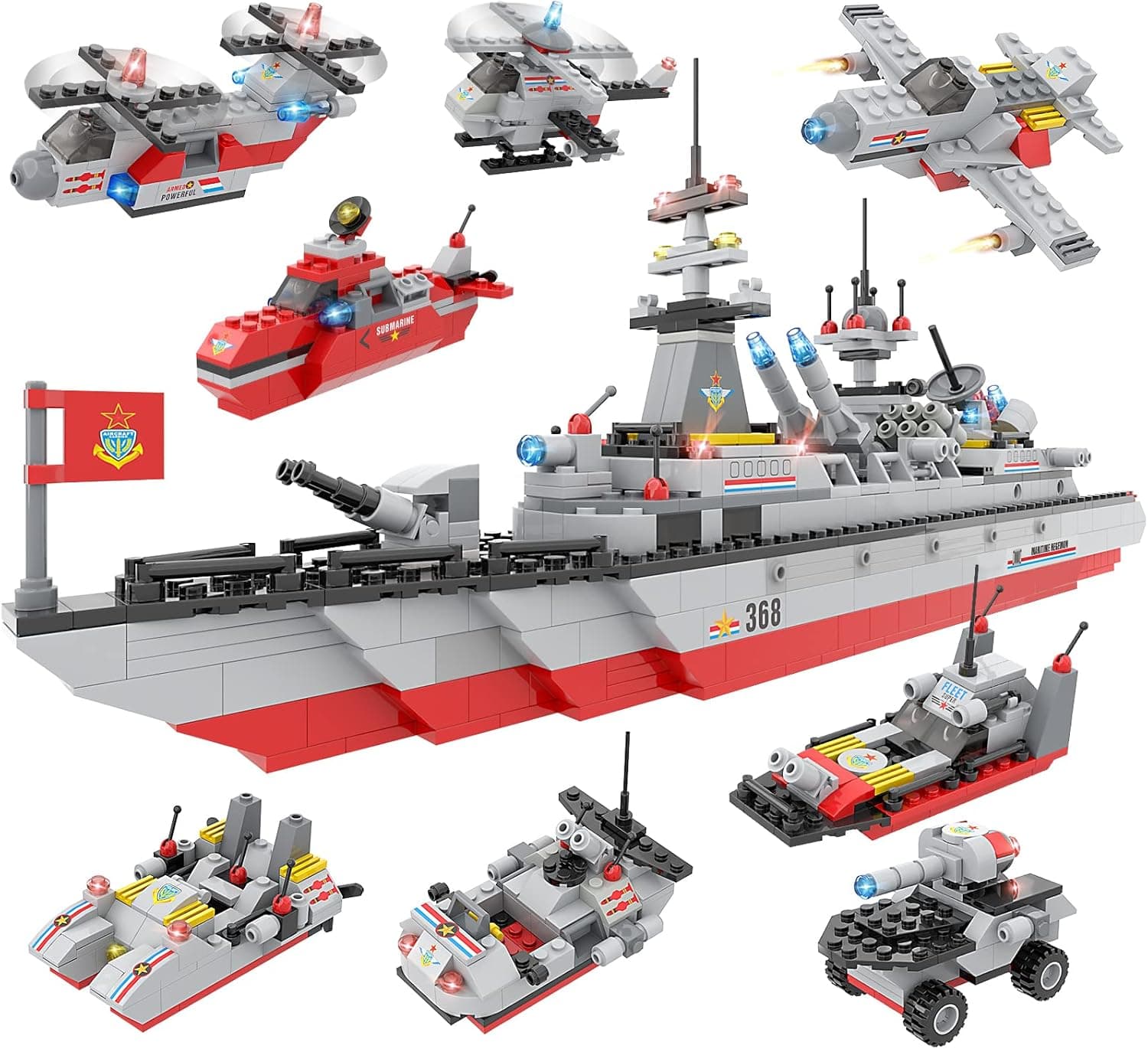 1220 Pieces City War Military Battleship Building Blocks Set, with Army Vehicles, Helicopter, Airplane, Boat, Warship, Best STEM War Action Roleplay Construction Toy Gifts for Kids Boys Aged 6-12