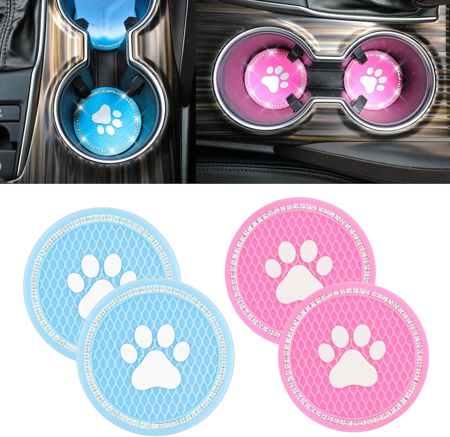 Car Coasters Anti Slip Car Cup Holder, Dog Paw Car Coasters, Bling Car Cup Holder Coasters 2.75 inch -Universal for Cup Holders Cute Car Accessories 2 Pink+2 Lakeblue