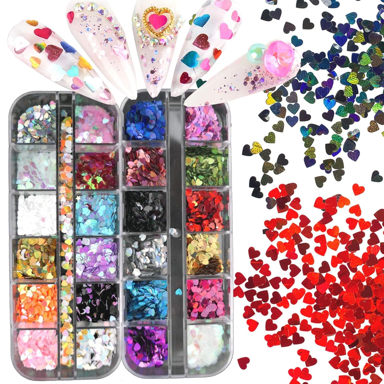 2 Boxes Chunky Glitter Holographic Heart Nail Sequins Glitter Iridescent Sparkle Flakes for Nail Art Decoration/Resin/Craft/Festival Makeup