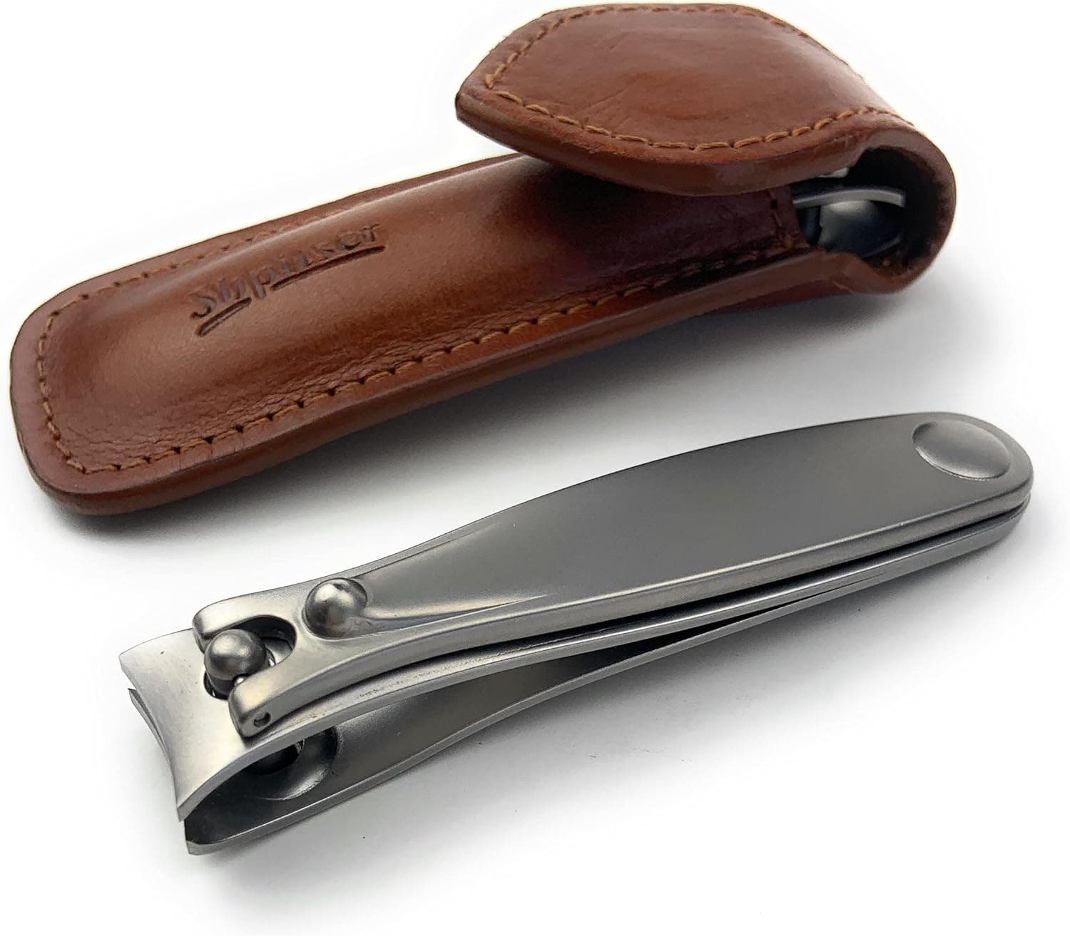 Shpitser Solingen TopInox Nail Clipper - Stainless Steel Cutter German Nail Trimmer - Fingernail Clipper for Men & Women - Nail Care | Packed with Genuine Leather Case (Cognac 8cm Toenail Clipper)