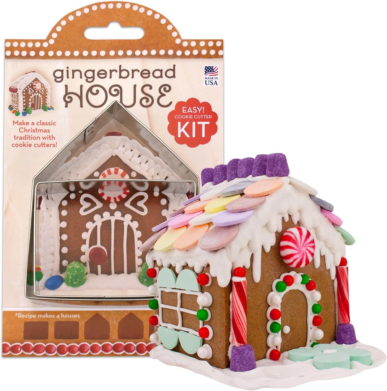 Mini Gingerbread House Set, Two Cookie Cutters with Recipe Card Makes 4-1/2" Tall Gingerbread House Made in USA by Ann Clark