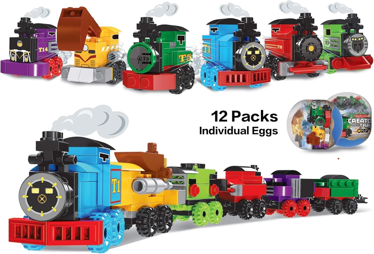 Bestoyz 12 Packs Mini Building Blocks Trains Set, Educational Assemble Bricks Easter Eggs Filler of Rail Train Toys for Kids (380PCS of Bricks)