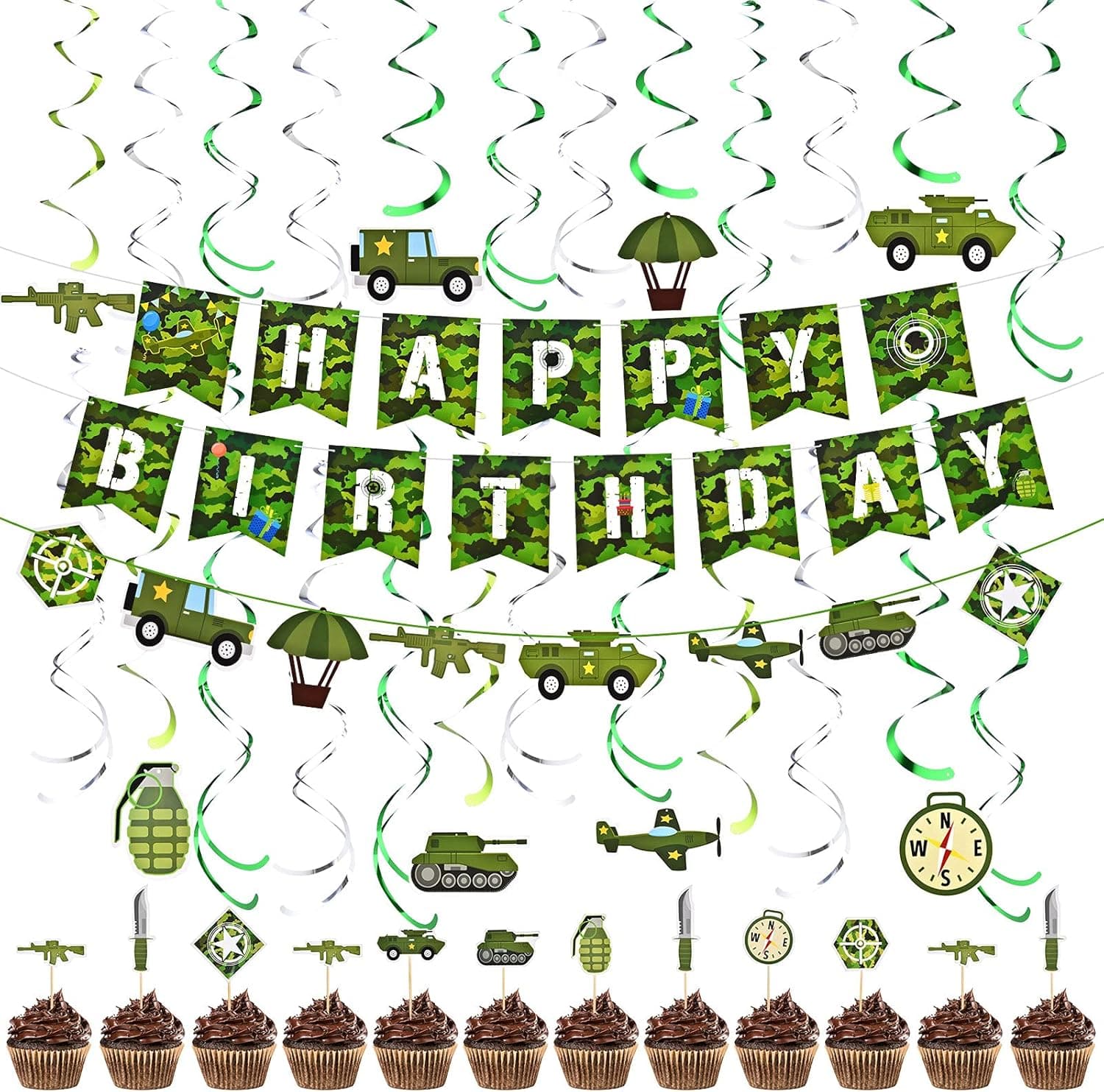 31 Pieces Camouflage Birthday Party Decorations Army Soldier Military Party Supplies Green Camo Happy Birthday Banner Camo Spiral Hanging Swirls Cupcake Toppers