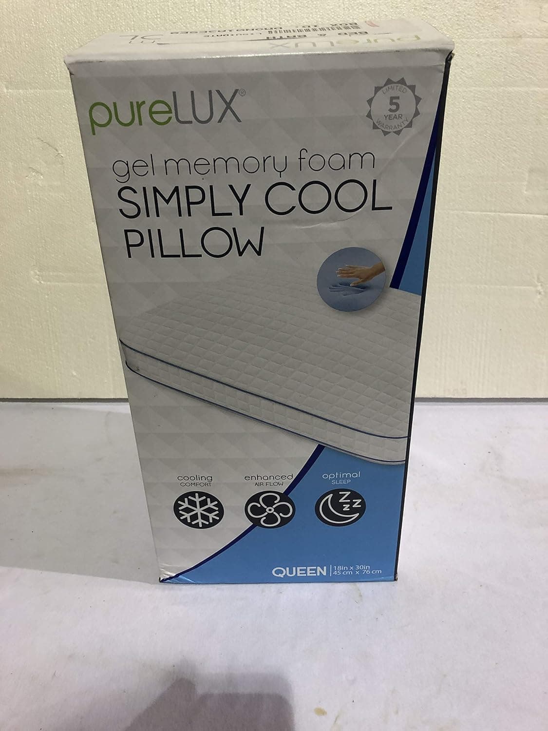 PüreLUX Simply Cool Gel Memory Foam Pillow, Queen 18" x 30" All Positions Medium Memory foam retains its shape and never goes flat