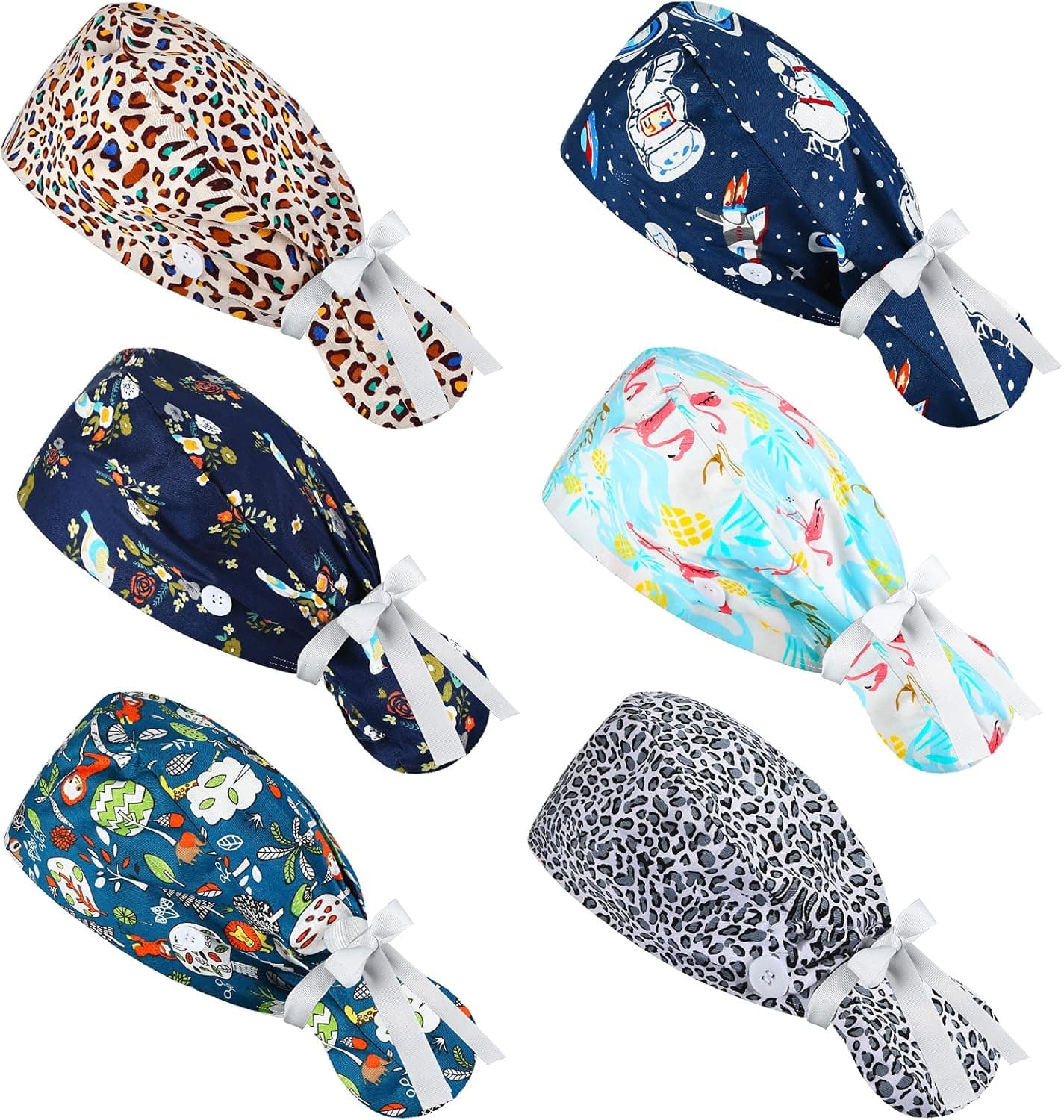 6 Pieces Adjustable Bouffant Hats Sweatband Bouffant Turban with Buttons and Ribbon Print Head Tie Covers