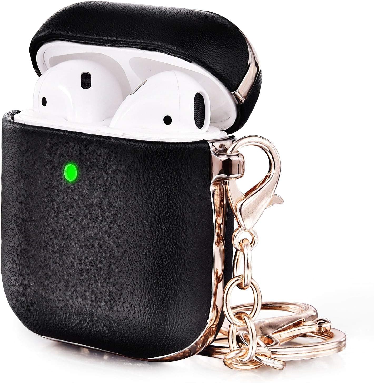 V-MORO Airpods Case Leather Airpod Case Cover Men for Airpods 2&1 [Front LED Visible] Charging Case with Keychain Protective Skin Black+Gold