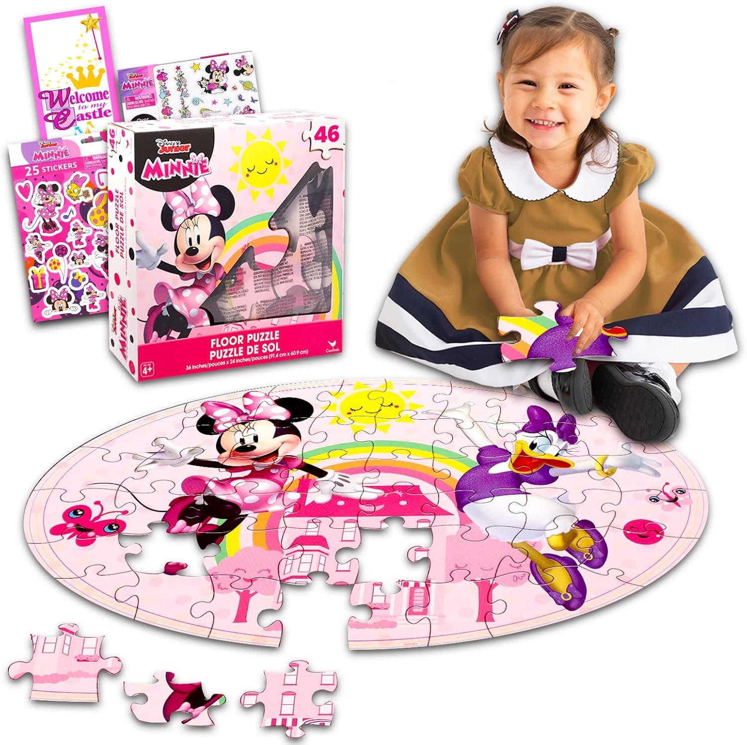 Minnie Mouse Floor Puzzle Activity Set for Girls ~ 4 Pc Bundle with Minnie Jigsaw Puzzle and More