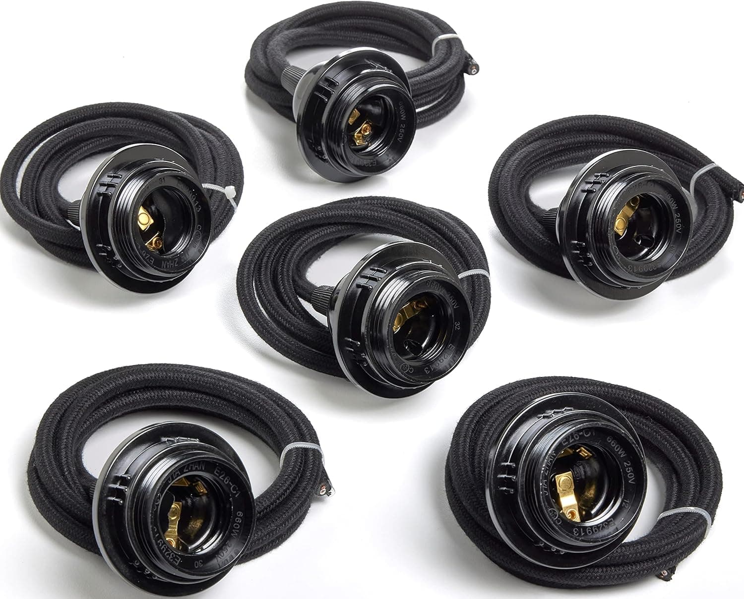 DIY Light Strands - 4' Cloth Covered Cord with Black Phenolic Sockets 18/2 - Set of 6 (Black Round)