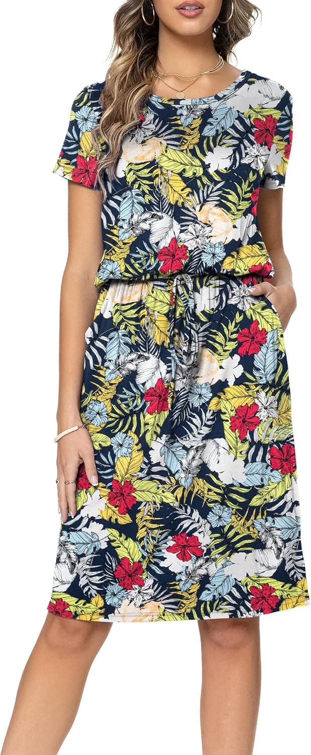 levaca Women's Casual Hide Belly Drawstring Knee Length Dress