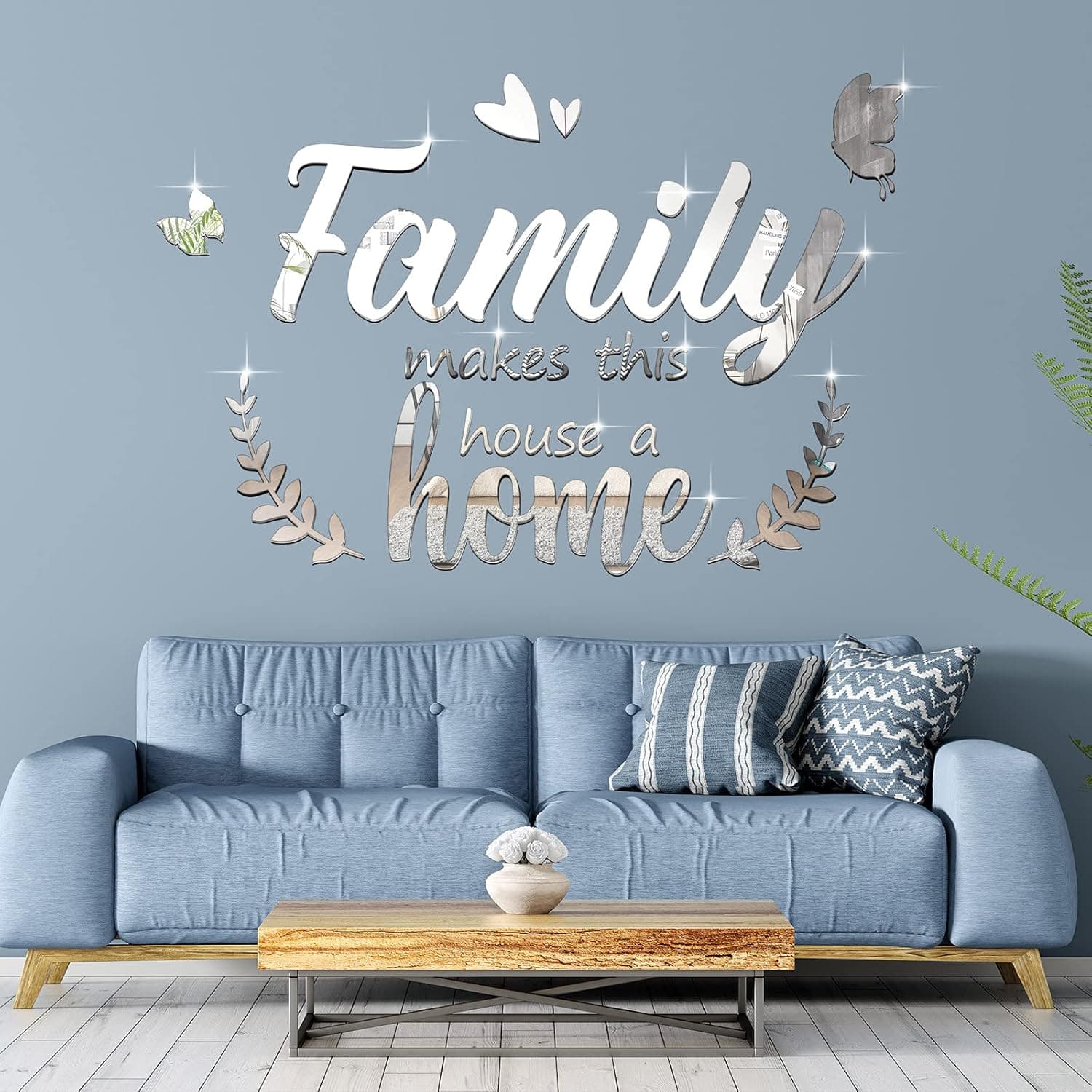 3D Acrylic Mirror Decal Wall Decor Stickers Family Letter Quotes Wall Stickers Removable DIY Motivational Family Butterfly Mirror Stickers for Home Office Dorm Mirror Wall Decoration (Silver)