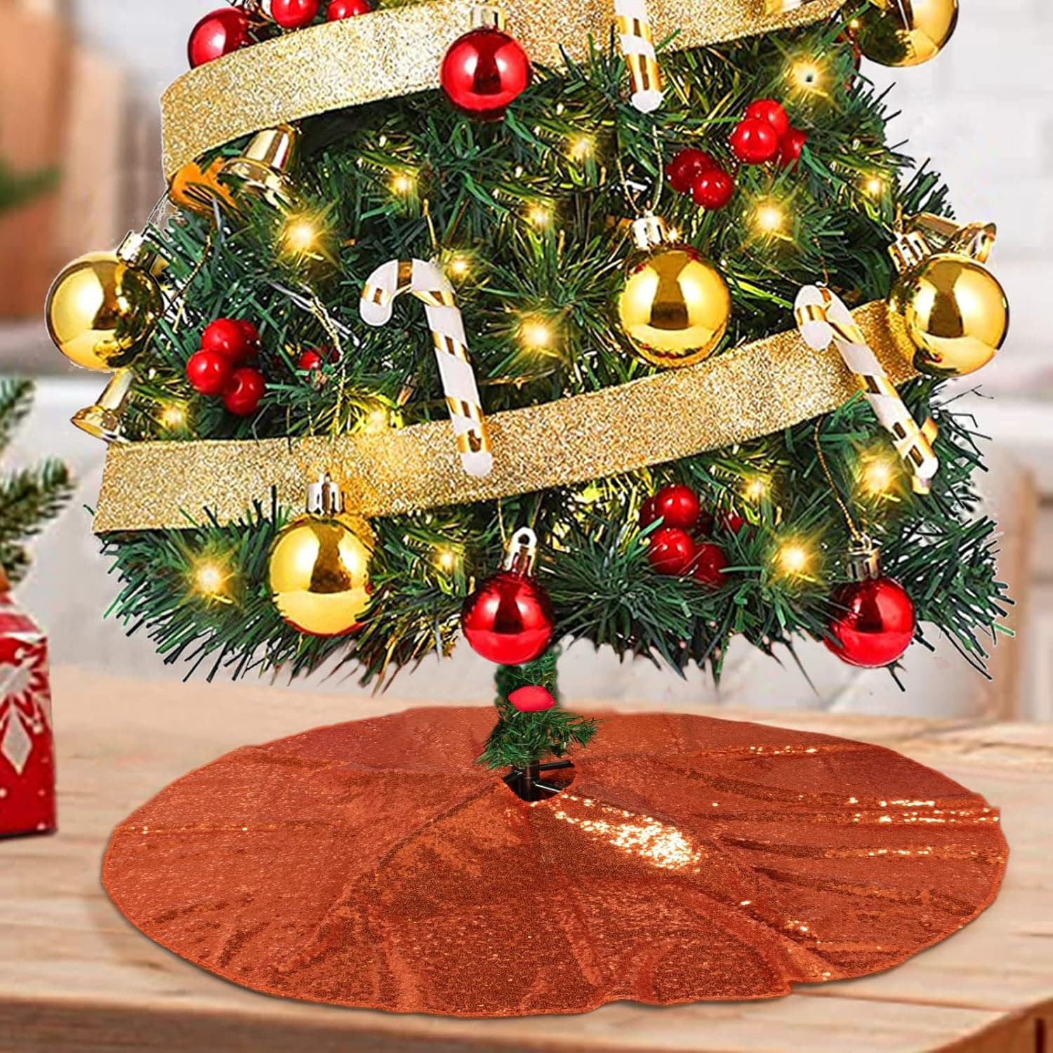 ShinyBeauty Mini Tree Skirt 24Inch Orange Sequin Tree Skirt Christmas Tree Skirt Cross Stitch Kits Sequin Christmas Tree Skirt 24 Inch Small Tree Skirt for Slim Trees
