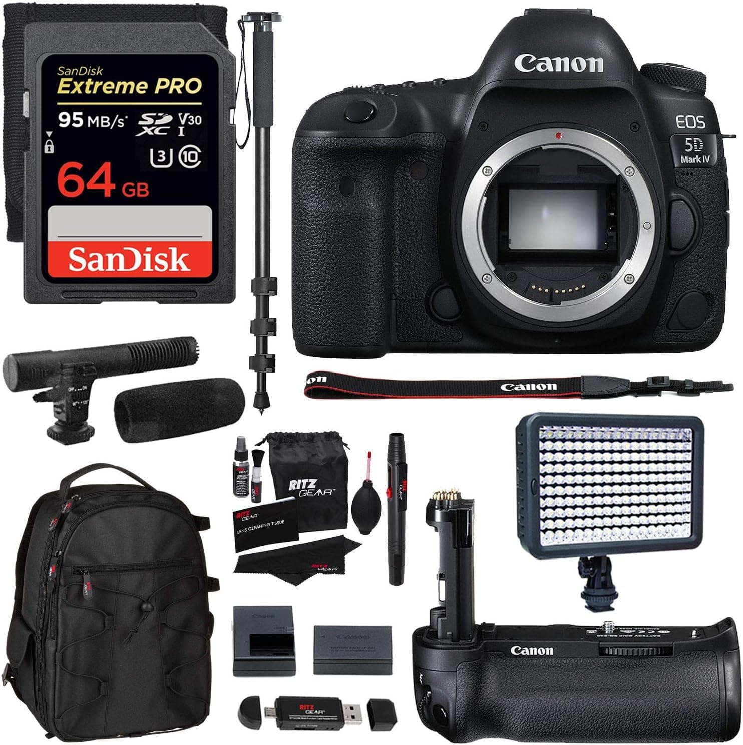 Canon EOS 5D Mark IV Full Frame Digital SLR Camera Body, Canon BG-E20 Grip, Sandisk Extreme 64GB U3 Card, Polaroid LED Video Light, Microphone, 72-inch Monopod, Ritz Gear Backpack & Accessory Bundle
