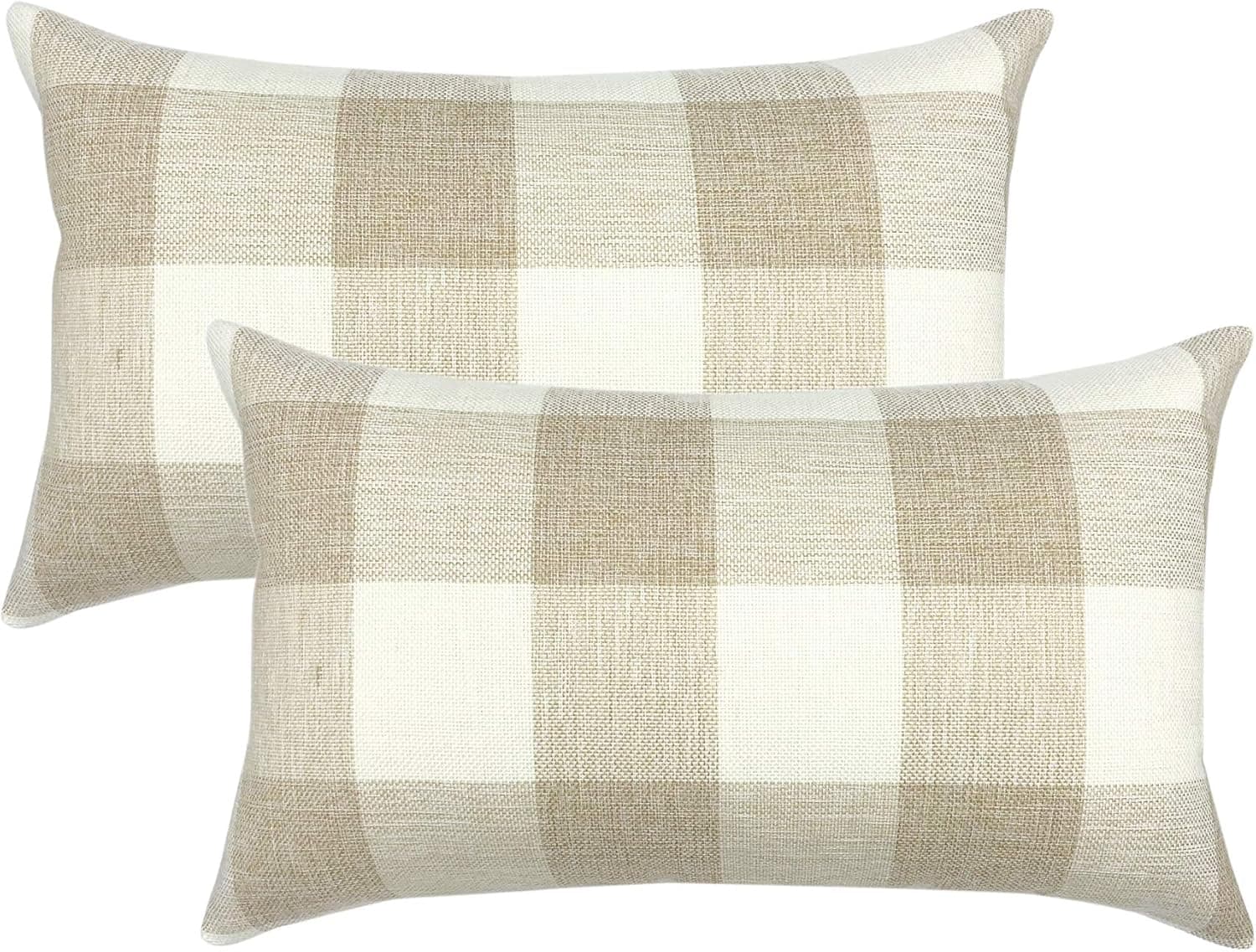 YOUR SMILE Retro Farmhouse Buffalo Tartan Chequer Plaid Cotton Linen Decorative Throw Pillow Case Cushion Cover Pillowcase for Sofa,Set of 2 (Beige, 12''x20'')