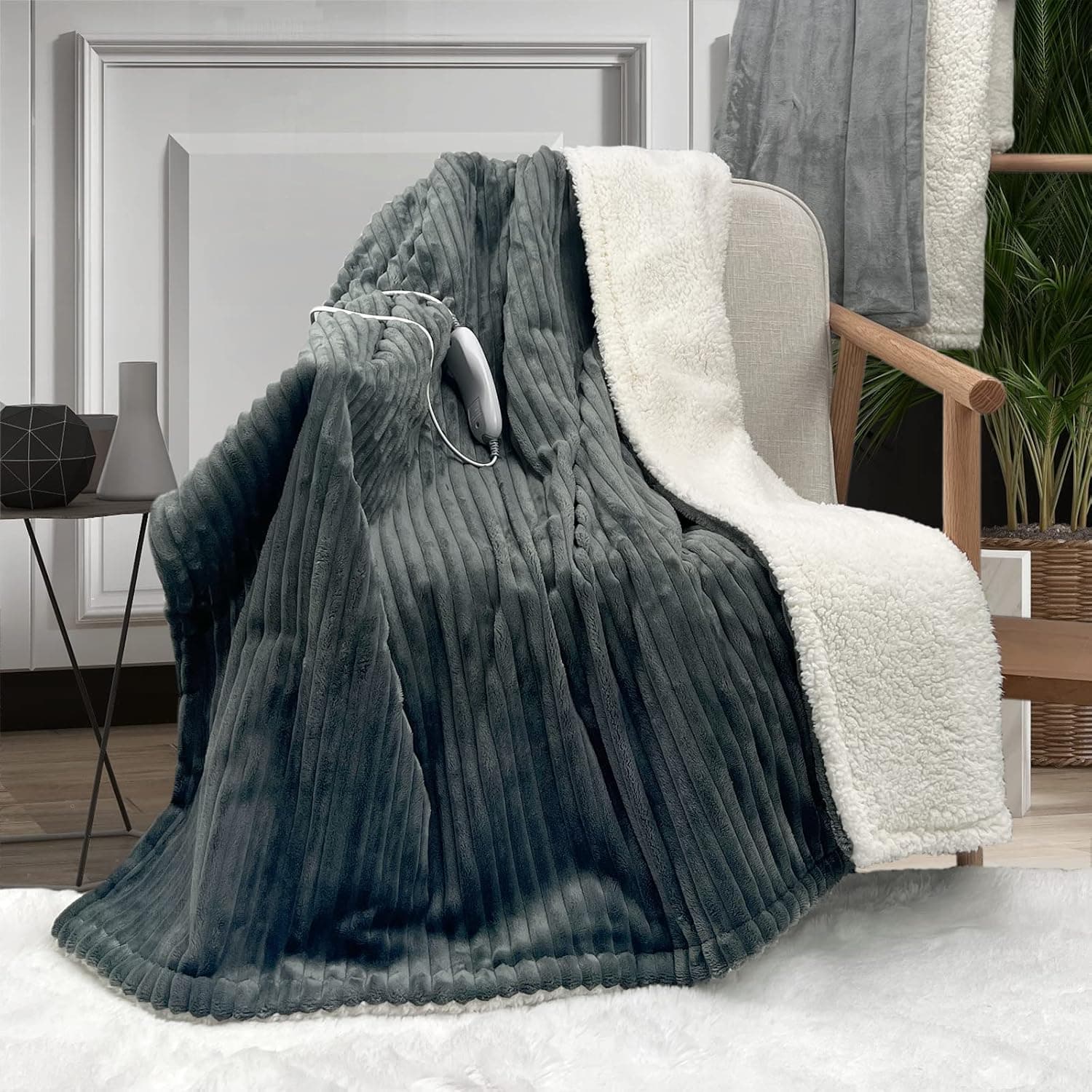 Cozy Bliss Heated Throw Blanket, Flannel & Sherpa Reversible Fast Heating Electric Throw with 4 Heating Levels & 6H Auto Off, Machine Washable, 50x60 Inch, Dark Grey
