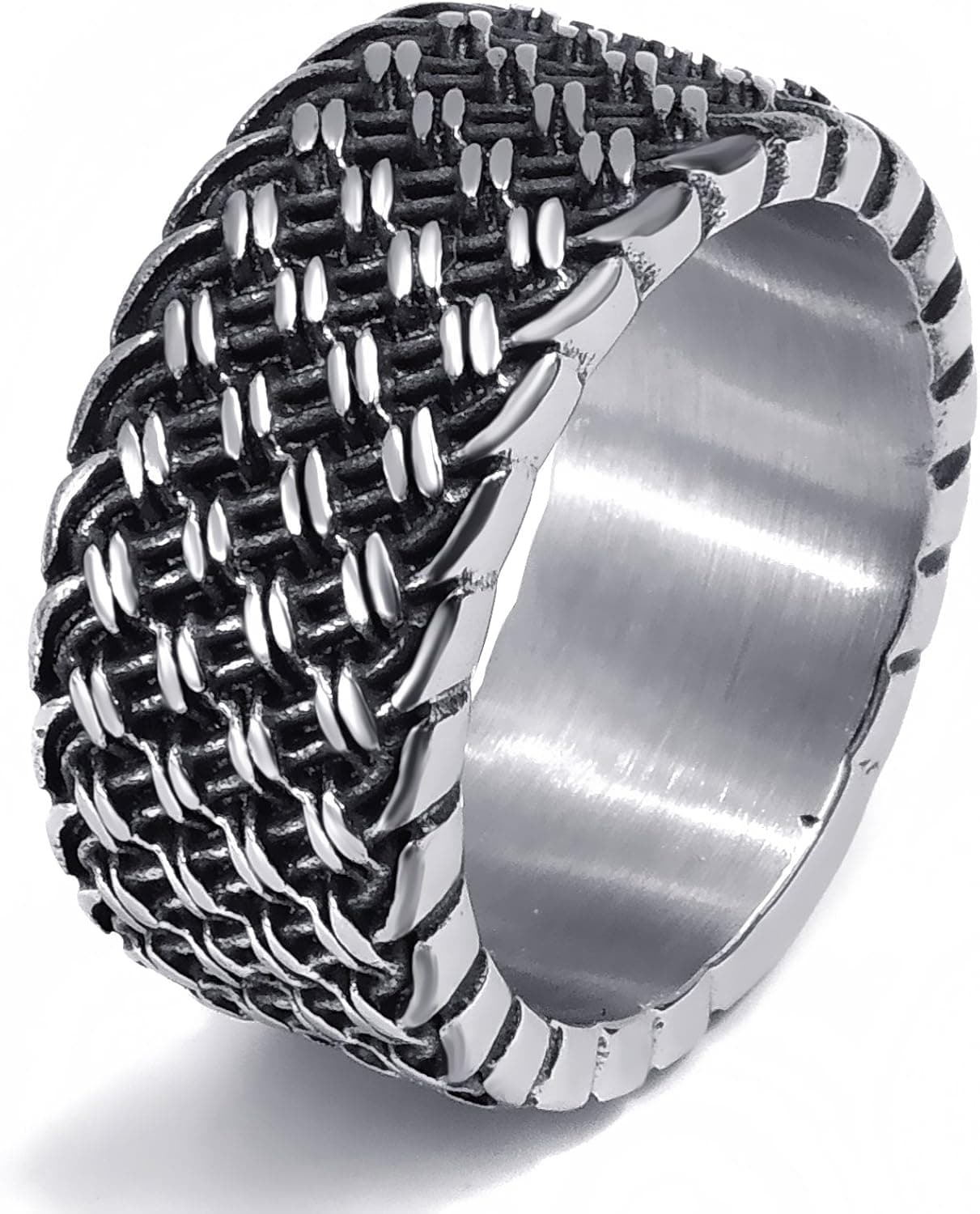 ELFASIO 12MM Men's Fashion Elegant Weave Knot Stainless Steel Band Ring Silver Black