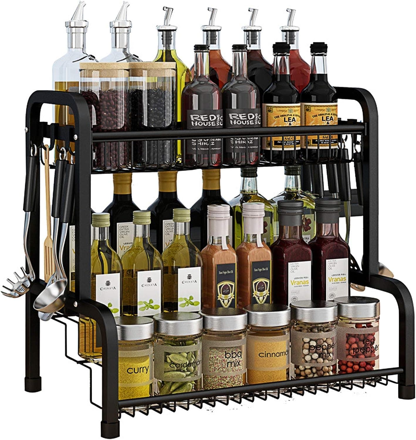 Spice Rack Organizer for Countertops, 2-Tier Stepped Storage Shelf for Cabinet; Kitchen Spice Organizer Standing Rack Shelf for Pantry