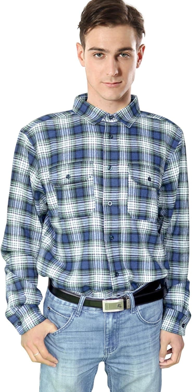 Vv Nova Men's Long Sleeve Check Flannel Shirt Color Blue & Green