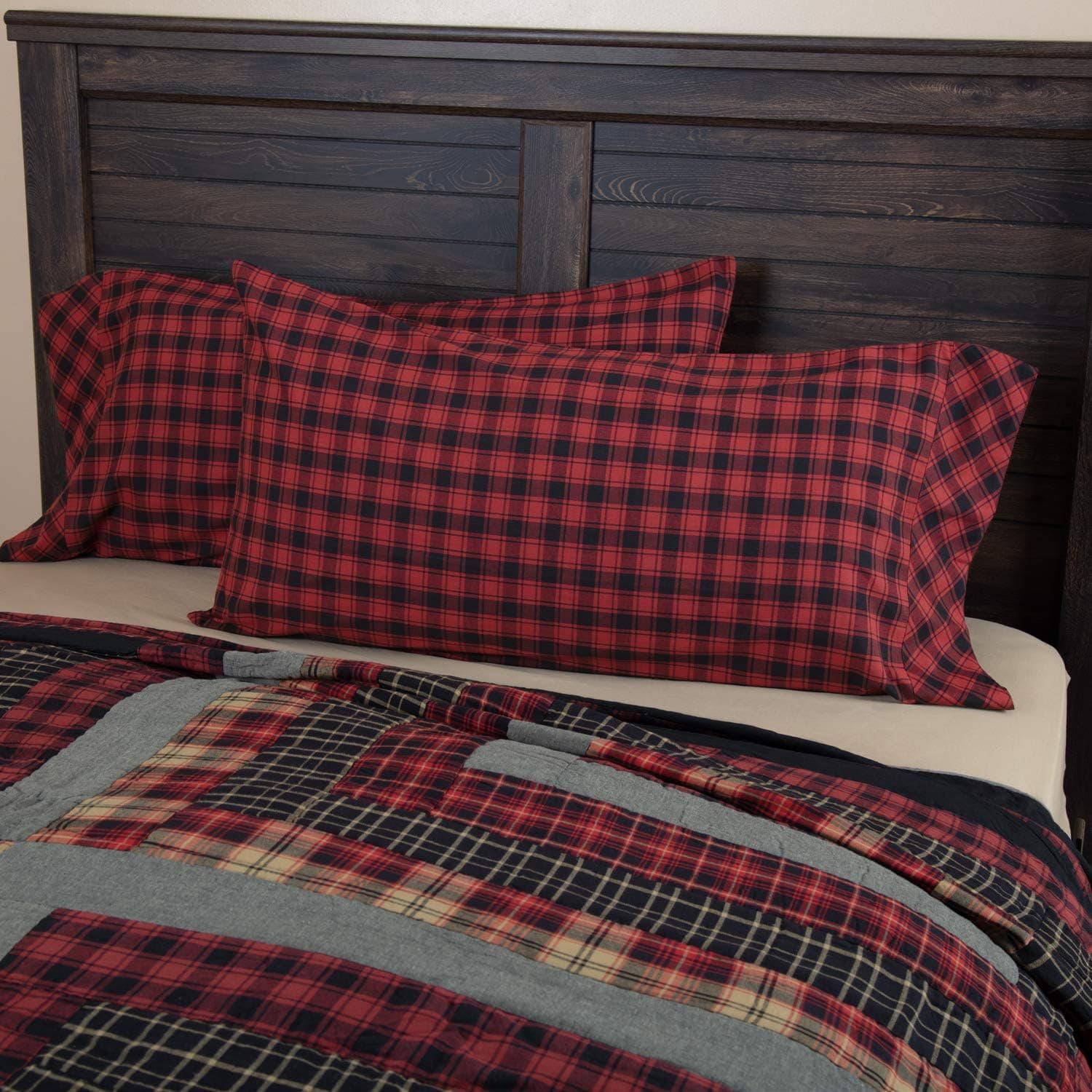VHC Brands Cumberland Buffalo Check Cotton Rustic King Bedding Accessory, Pillowcase Set 21x40, Chili Pepper Red