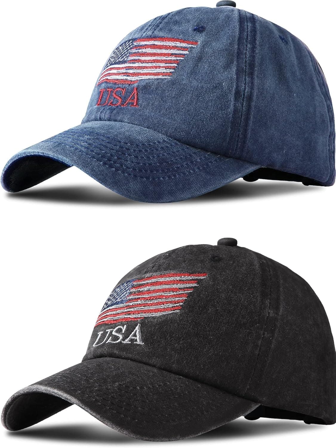 Geyoga 2 Pieces USA Flag Hat American Flag Baseball Cap USA Tactical Hat Washed Distressed Hats for Men Women Teens