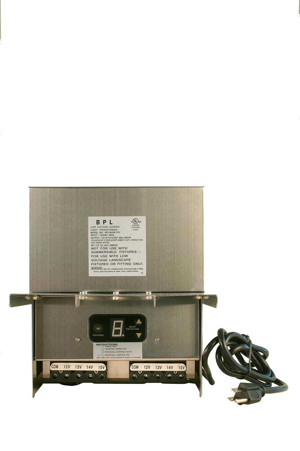 600 Watt Multi Tap 120 Volt AC to 12-15V Volt LED & Halogen - Low Voltage Landscape Lighting Outdoor/Indoor Weatherproof Transformer Power Pack w Digital Timer, Photocell Sensor - Stainless Steel