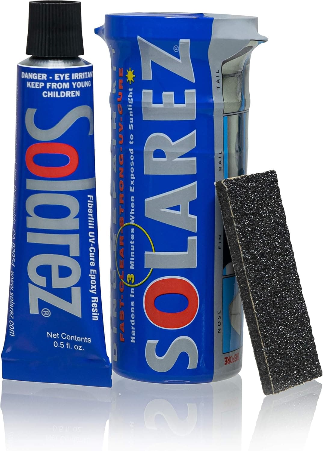 SOLAREZ UV Cure Epoxy Ding Repair Weenie Travel Kit (0.5 oz Tube) - SUP/Surfboard Repair - Fast Solar Cure Clear Resin w 60/240 Grit Sand Block w Crushproof Travel Container ~ EPS Safe!