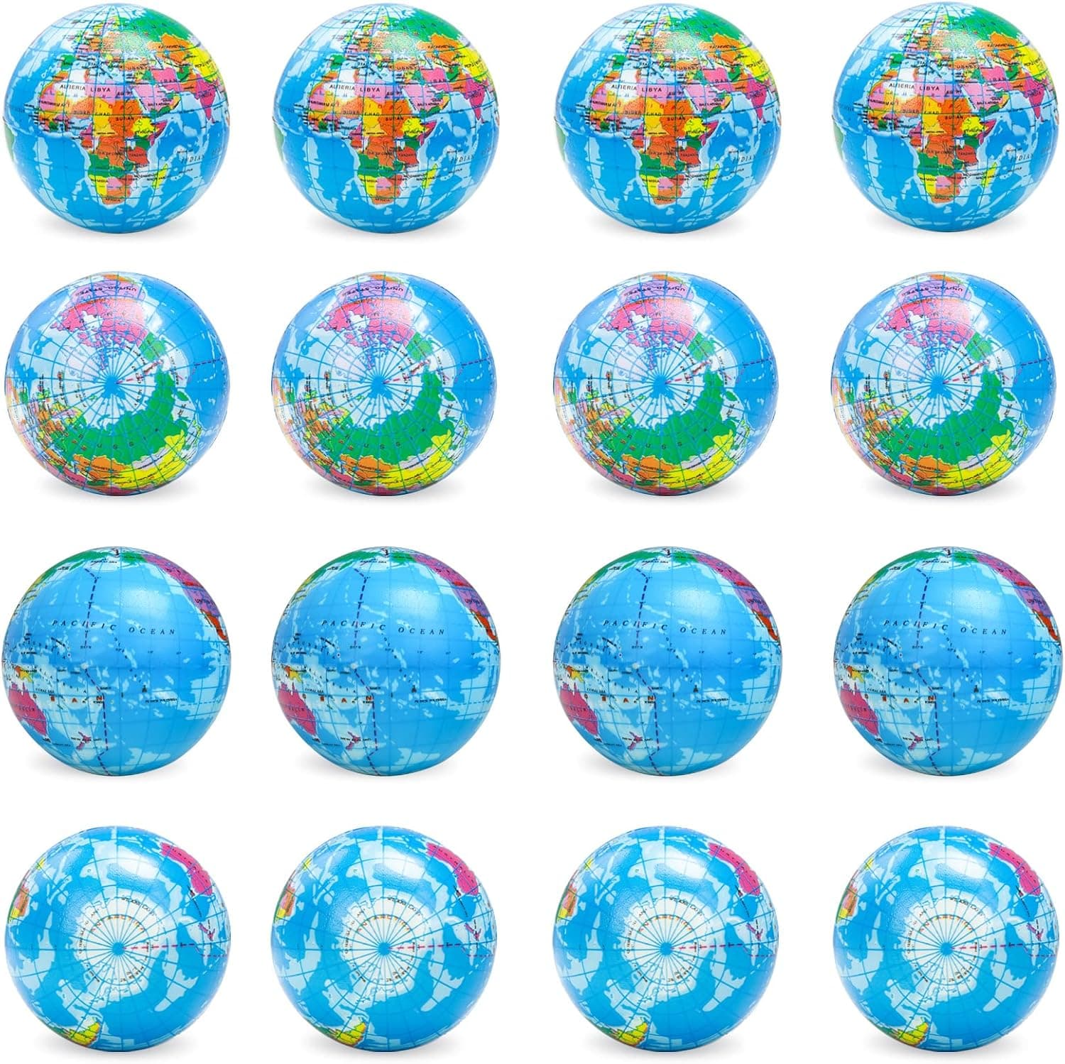 Koogel 16 PCS Globe Squeeze Balls, 3 Inch Earth Stress Relief Toys Foam Squeeze Balls Educational Stress Balls for Finger Exercise School Carnival Reward Party Bag Gift Stress Relief Toys