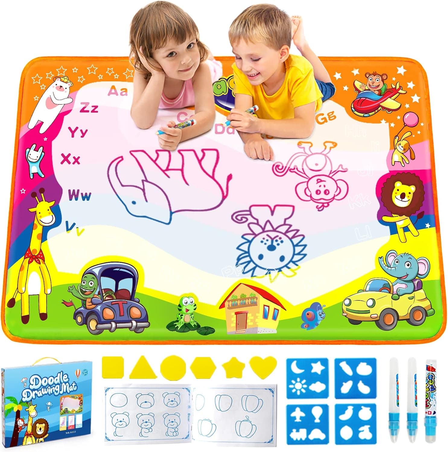 Water Drawing Mat, Kids Toys Painting Writing Coloring Mat, Mess Free Water Doodle Mat Magic Pens Educational Toys Halloween Xmas Gifts for 2 3 4 5 6 Year Old Girls Boys Kid Toddler