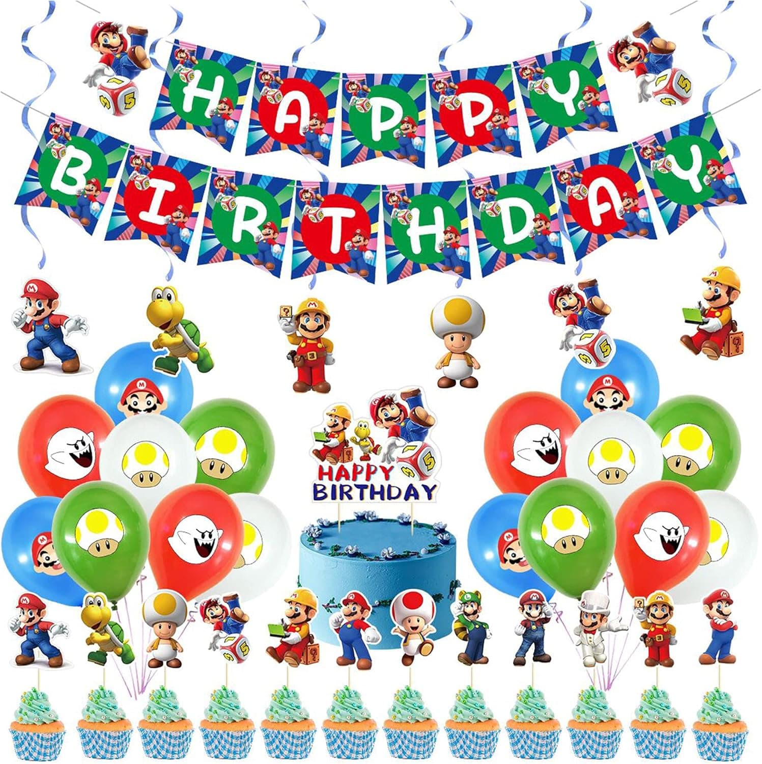 Mario Birthday Party Supplies Mario Brothers Party Decorations With Mario Brothers Banner Balloons Cake Cupcake Toppers Spirals for Mario Birthday Decorations Party Favors