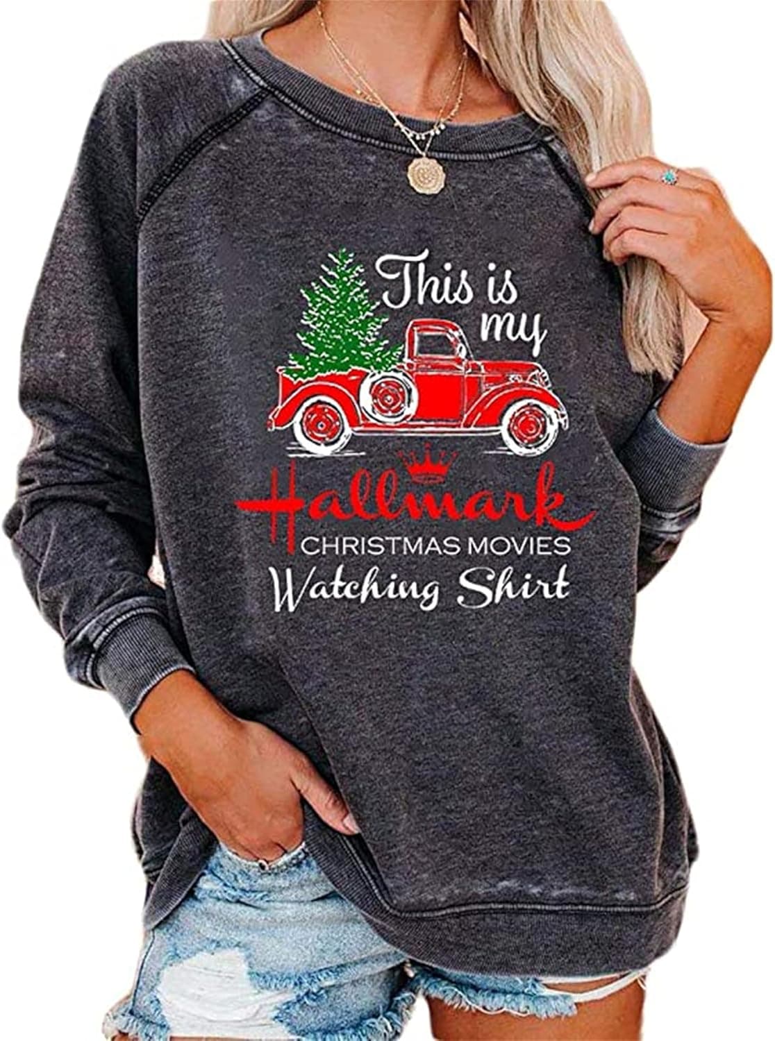 Christmas Movies Watching Shirt Xmas Truck Tree This is My Xmas Watching Shirt Long Sleeve Blouse Pullover Tops