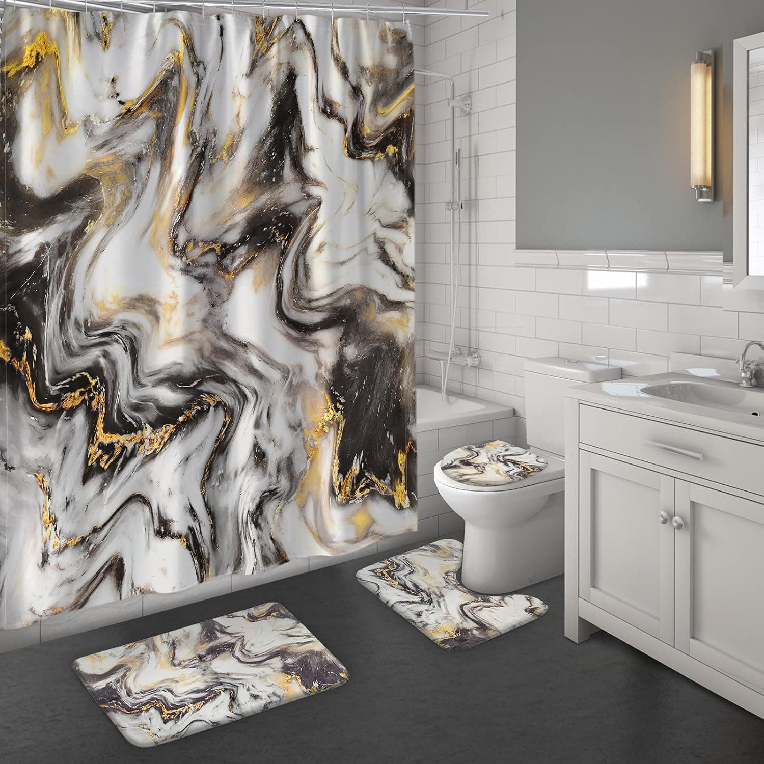 MitoVilla 4 Pcs Black Gold Marble Bathroom Sets with Shower Curtain and Rugs and Accessories, Abstract Black Yellow Bathroom Shower Curtain Sets with Rugs, Modern Black Golden Marble Shower Curtain