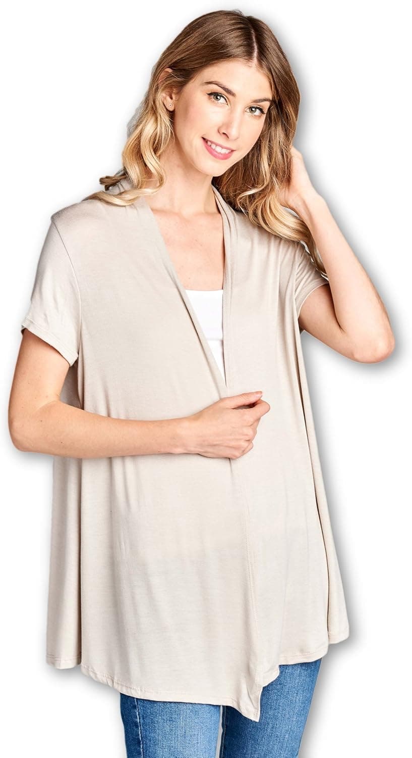 Women Short Sleeve Extra Soft Bamboo Casual Open Front Flowy Lightweight Cardigan - Made in USA