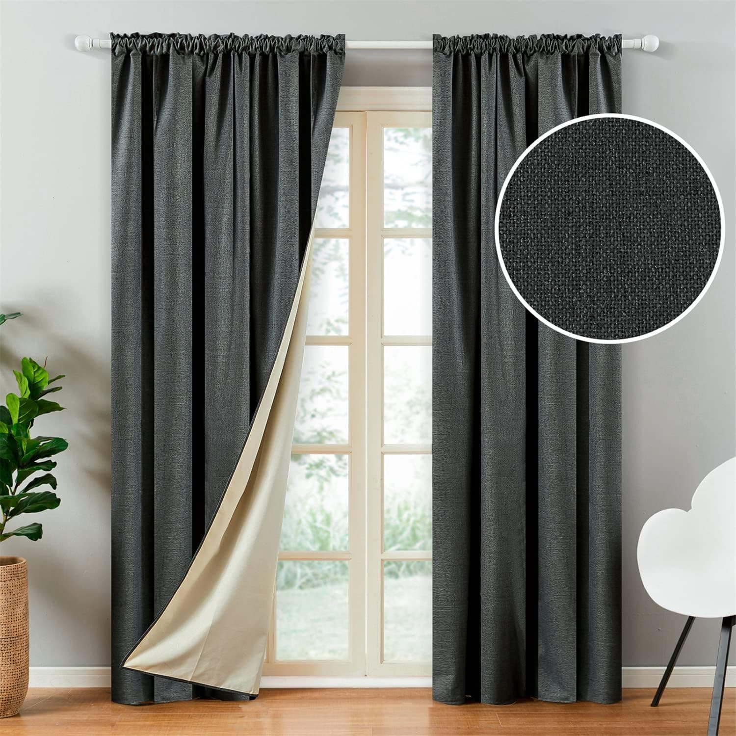Top Finel Faux Linen 100% Blackout Heavy Curtains 90 Inches Long for Bedroom Living Room Thermal Insulated Drapes Room Darkening Rod Pocket Window Curtains, Dark Grey Burlap, 2 Panels
