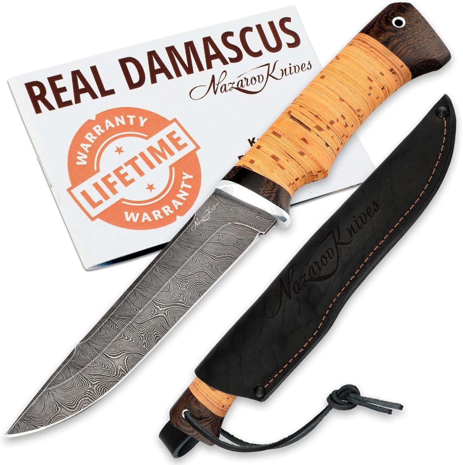 Hunting Knife - Damascus Knife - Skinning Knife for Hunting - Real Damascus - Birchbark - VEPR - Leather Sheath